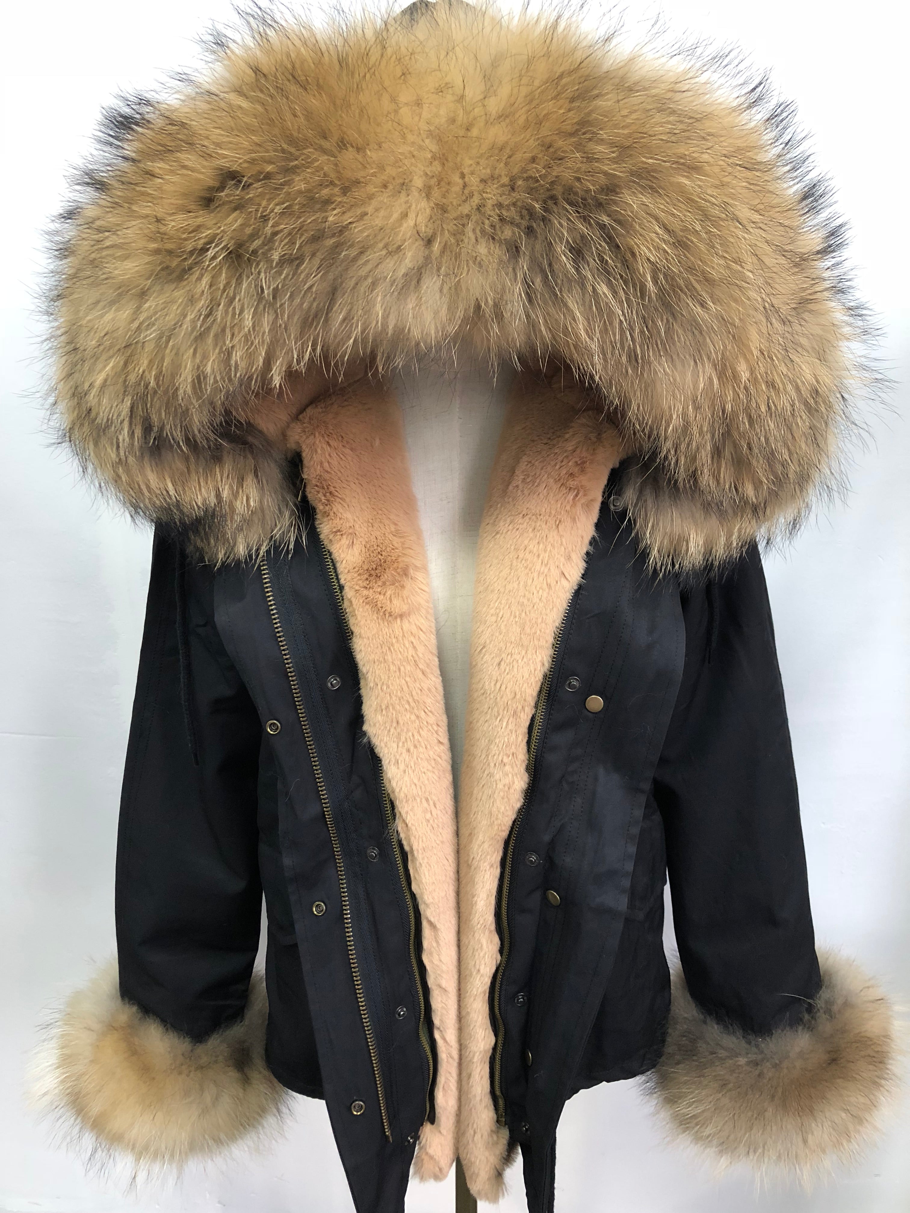 Short Faux Fur Parka – Winter Jacket with Fake Fur Collar & Pom Poms, Warm Outdoor Coat for Cold Weather 4#Black