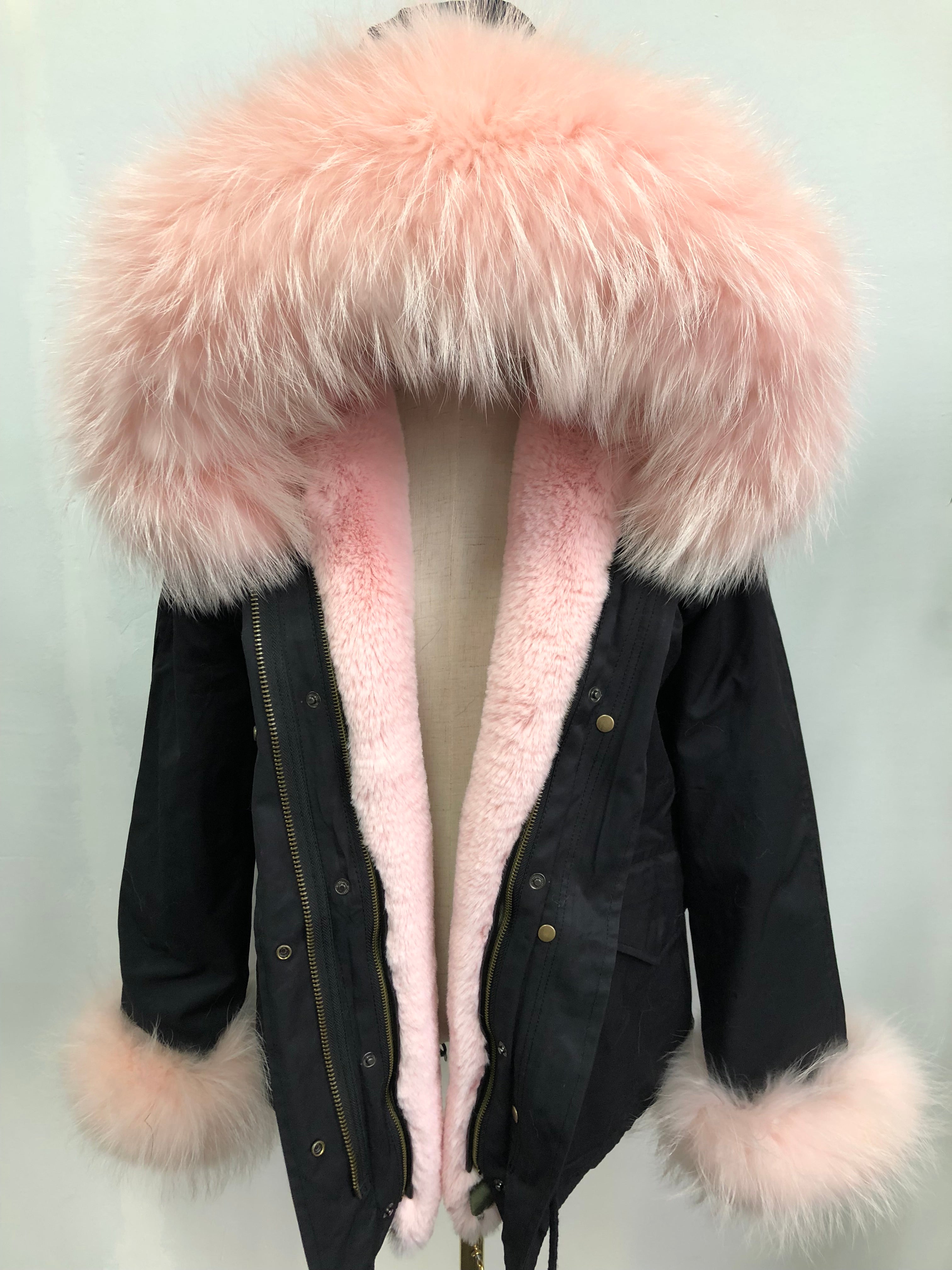 Short Faux Fur Parka – Winter Jacket with Fake Fur Collar & Pom Poms, Warm Outdoor Coat for Cold Weather 5#Black