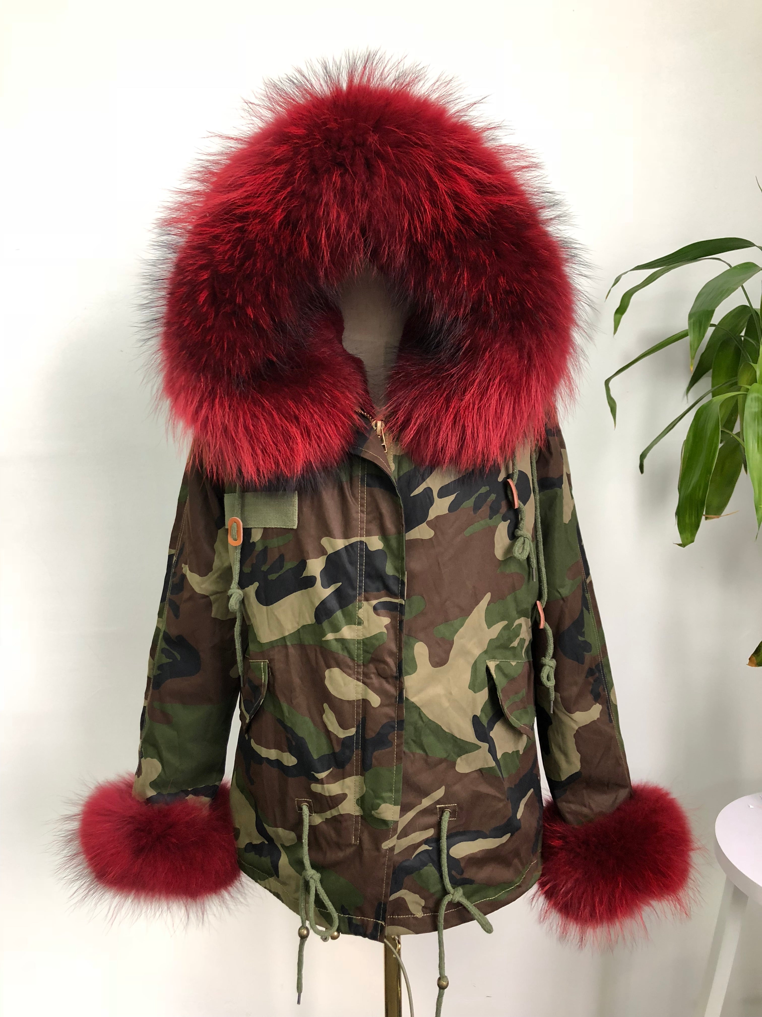 Short Faux Fur Parka – Winter Jacket with Fake Fur Collar & Pom Poms, Warm Outdoor Coat for Cold Weather 7#Green Camouflage