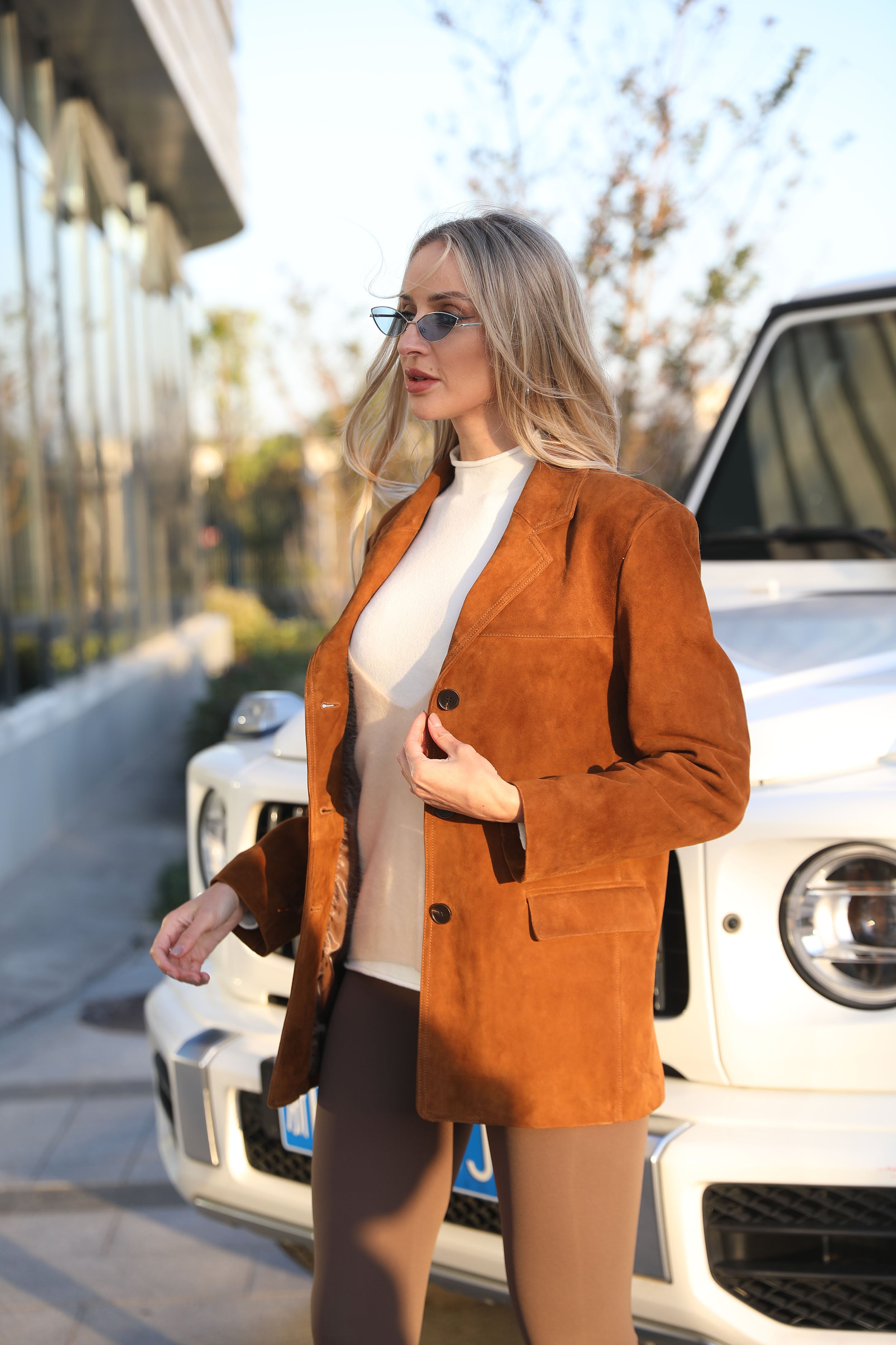 Women’s Brown Suede Blazer Jacket with Waist Tie – Classic Notched Lapel Short Coat for Elegant Autumn Winter Wear