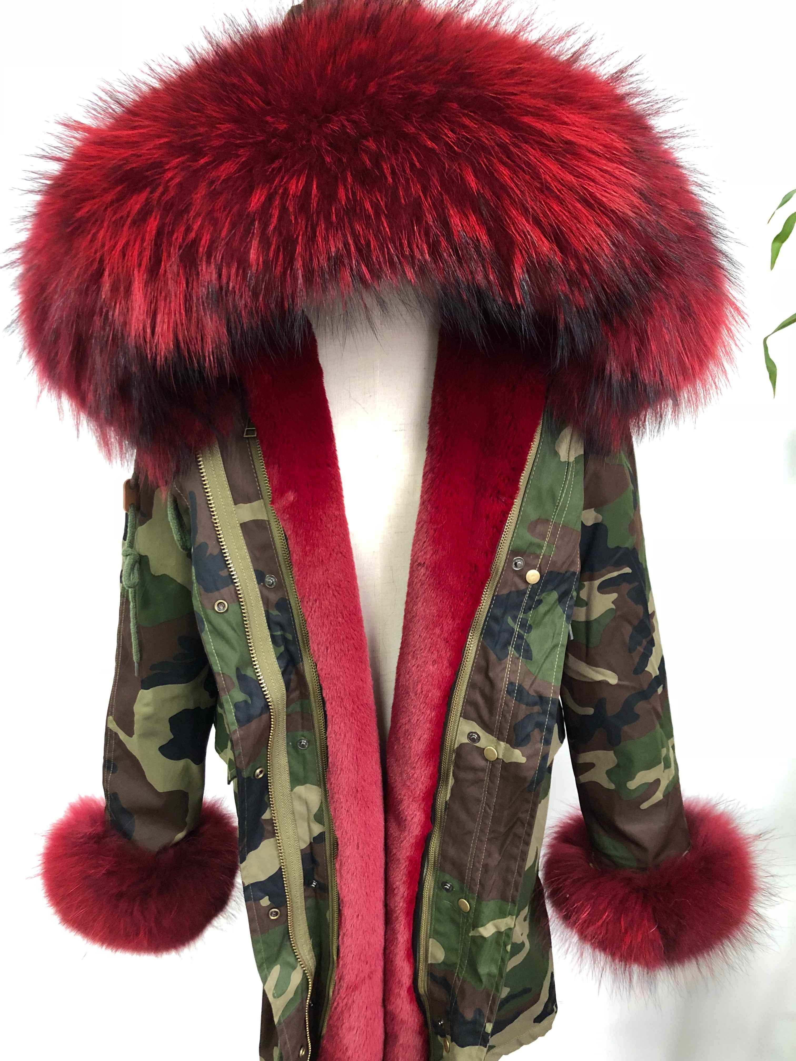 Women's Camouflage Faux Fur Parka – Winter Jacket with Fake Fur Collar & Pom Poms, Warm Outdoor Coat for Cold Weather