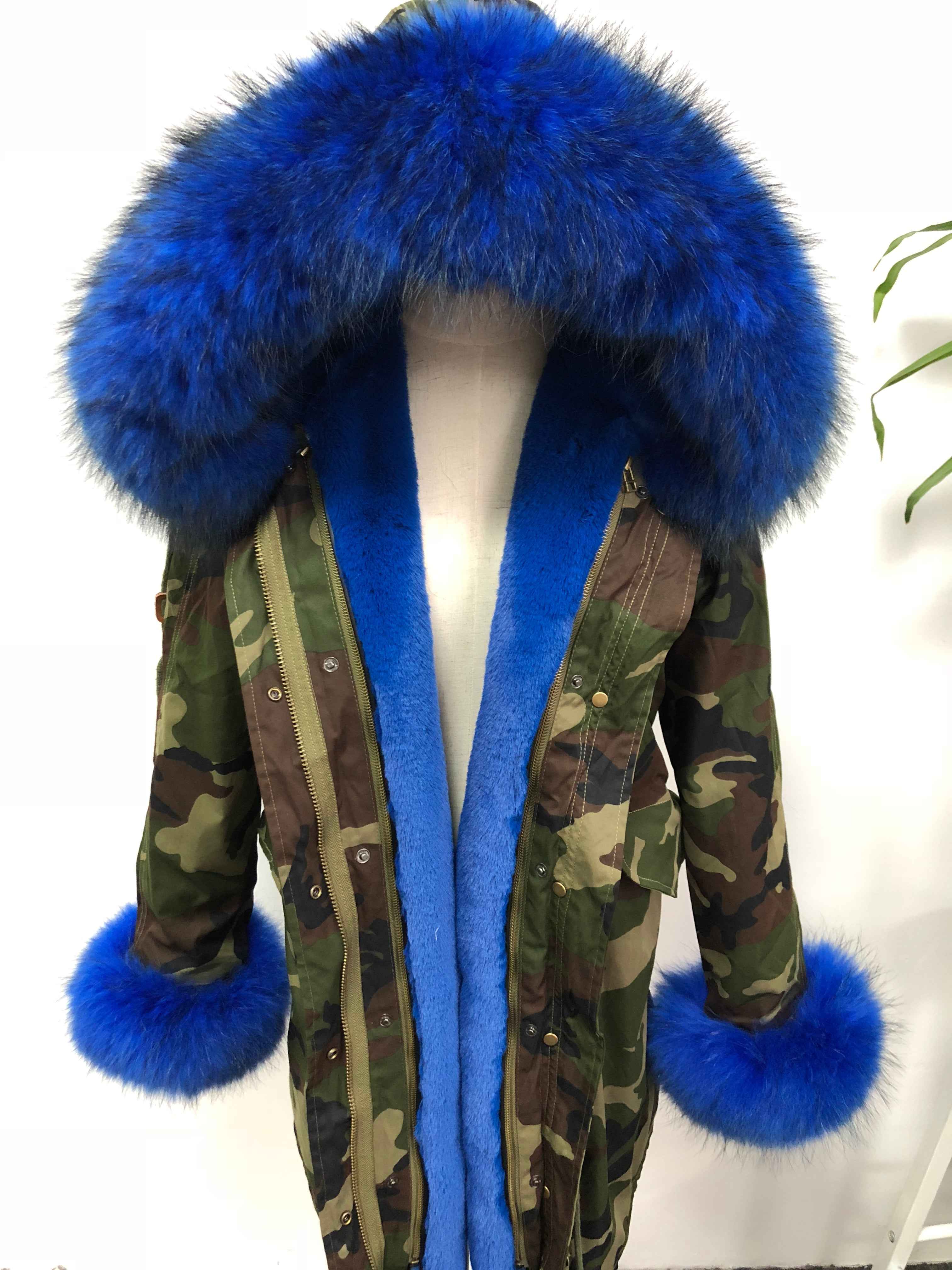 Women's Camouflage Faux Fur Parka – Winter Jacket with Fake Fur Collar & Pom Poms, Warm Outdoor Coat for Cold Weather 2#Green Camouflage