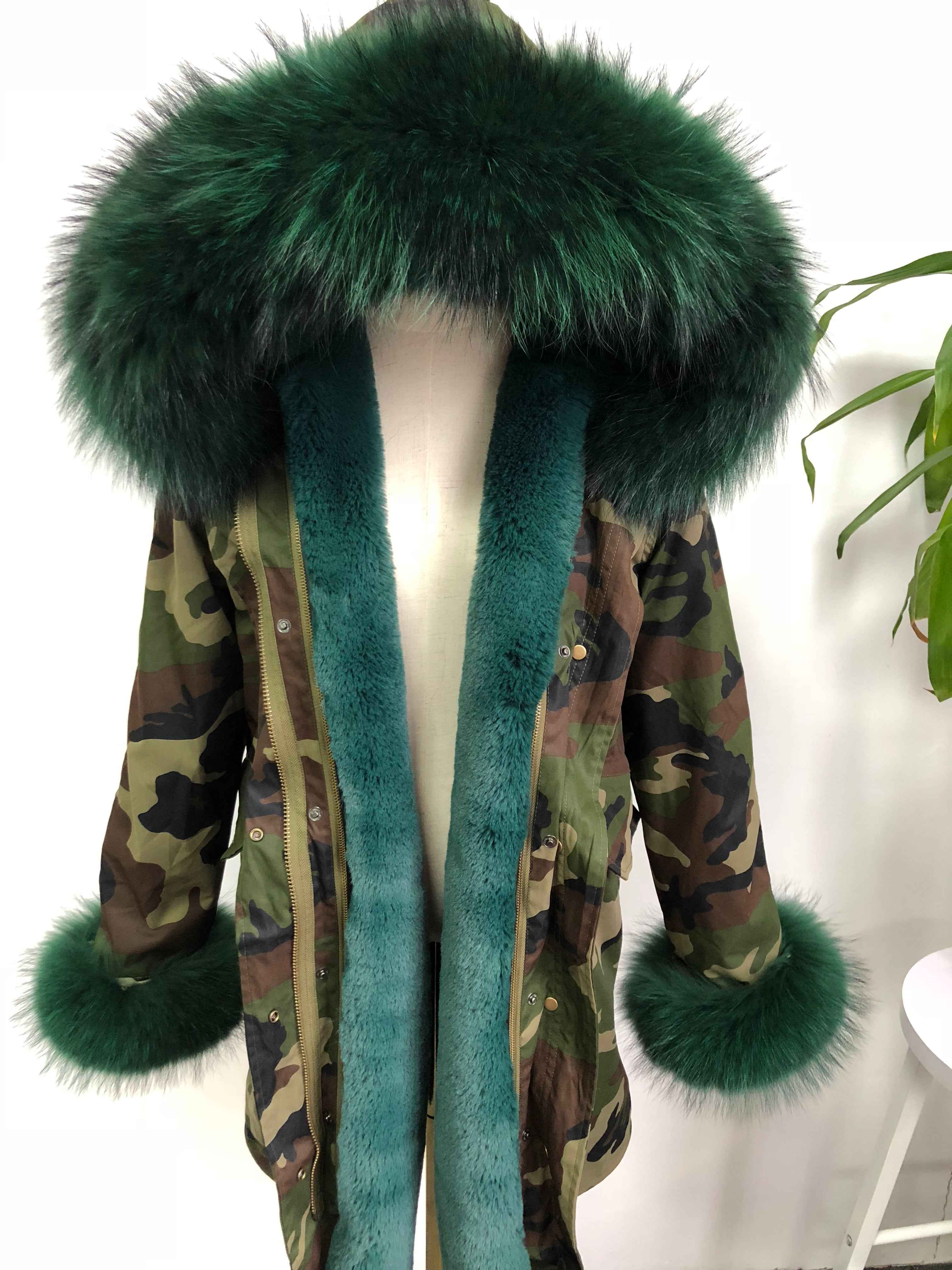 Women's Camouflage Faux Fur Parka – Winter Jacket with Fake Fur Collar & Pom Poms, Warm Outdoor Coat for Cold Weather 4#Green Camouflage