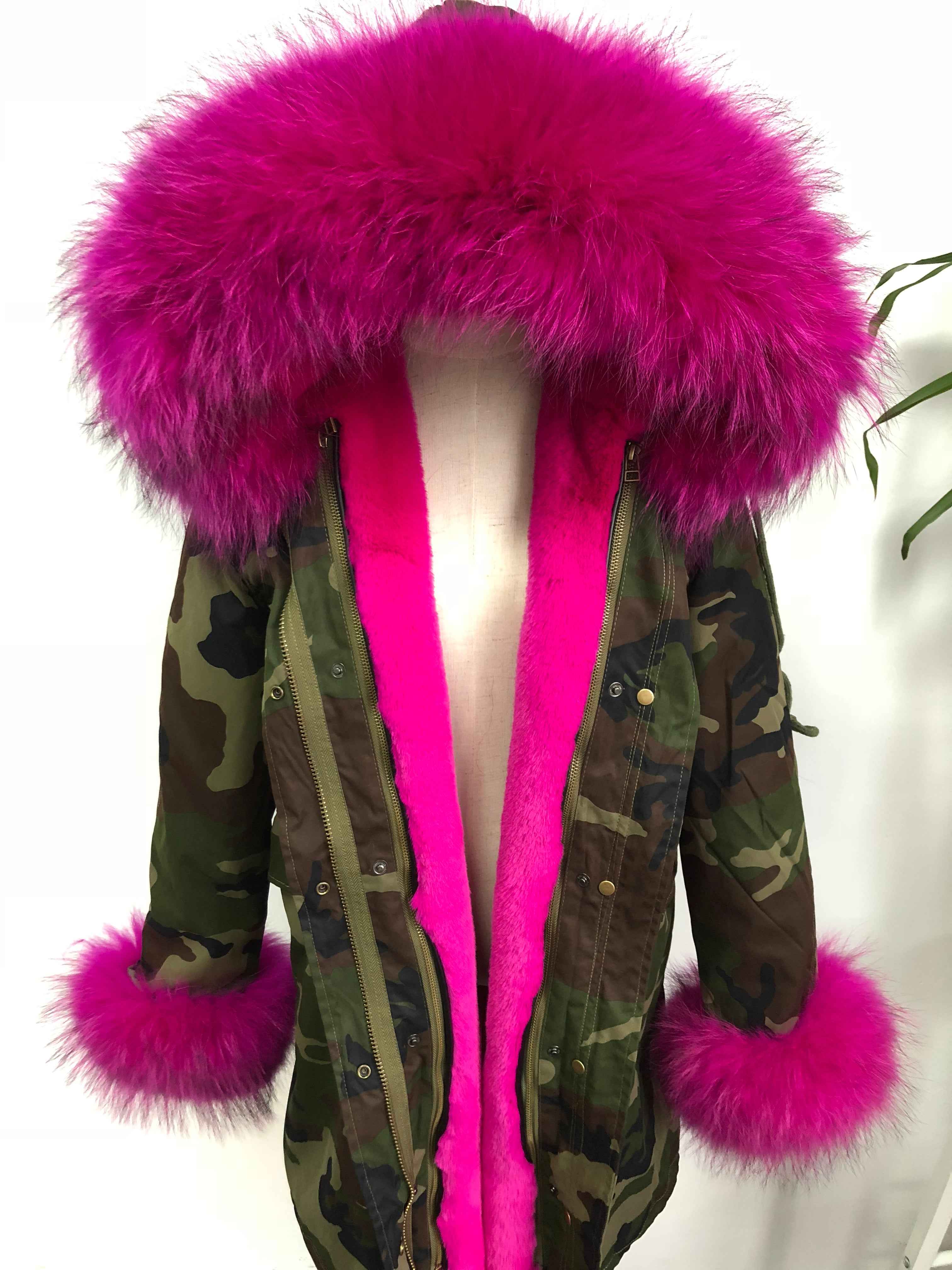 Women's Camouflage Faux Fur Parka – Winter Jacket with Fake Fur Collar & Pom Poms, Warm Outdoor Coat for Cold Weather 5#Green Camouflage