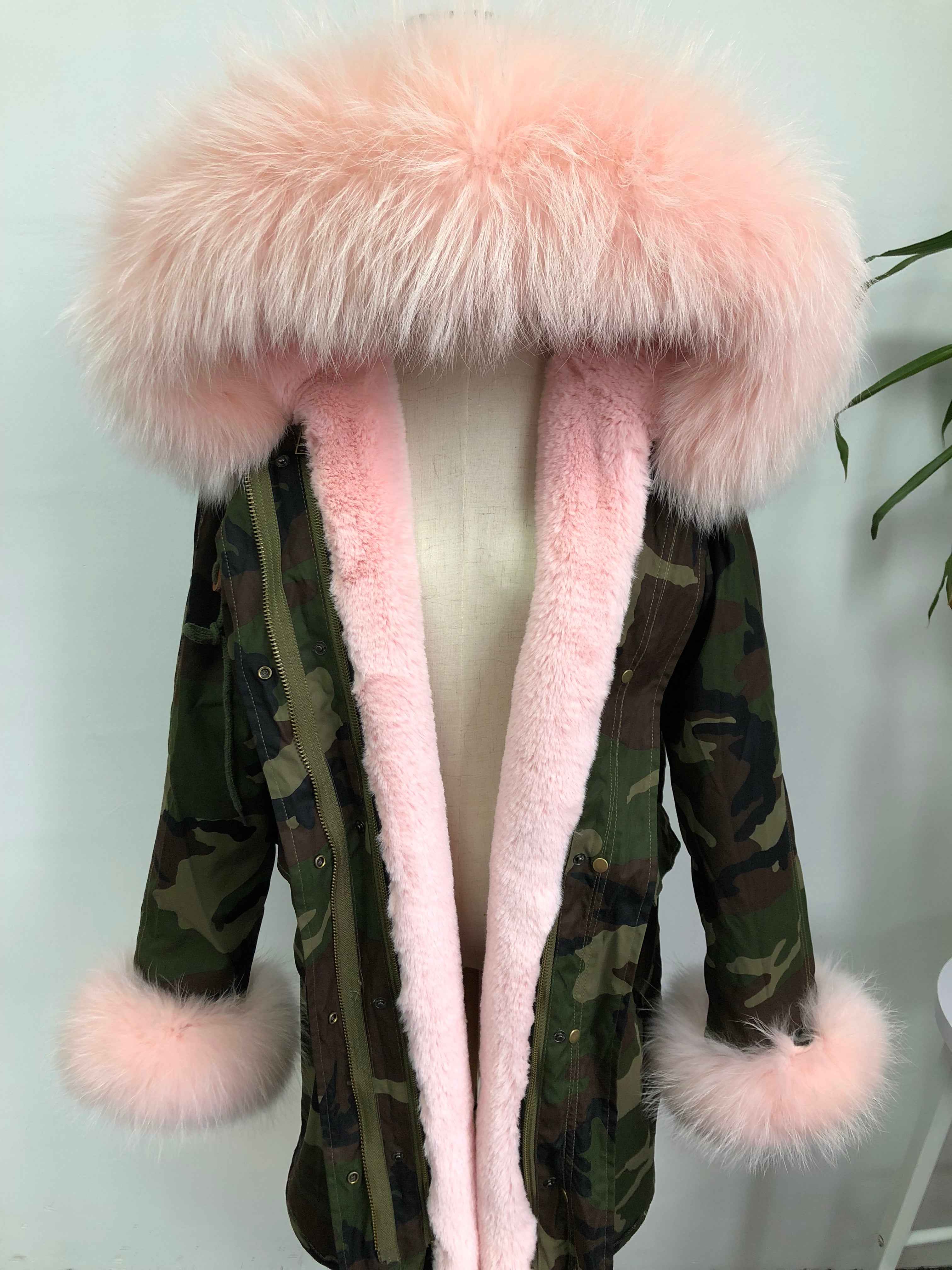 Women's Camouflage Faux Fur Parka – Winter Jacket with Fake Fur Collar & Pom Poms, Warm Outdoor Coat for Cold Weather 6#Green Camouflage