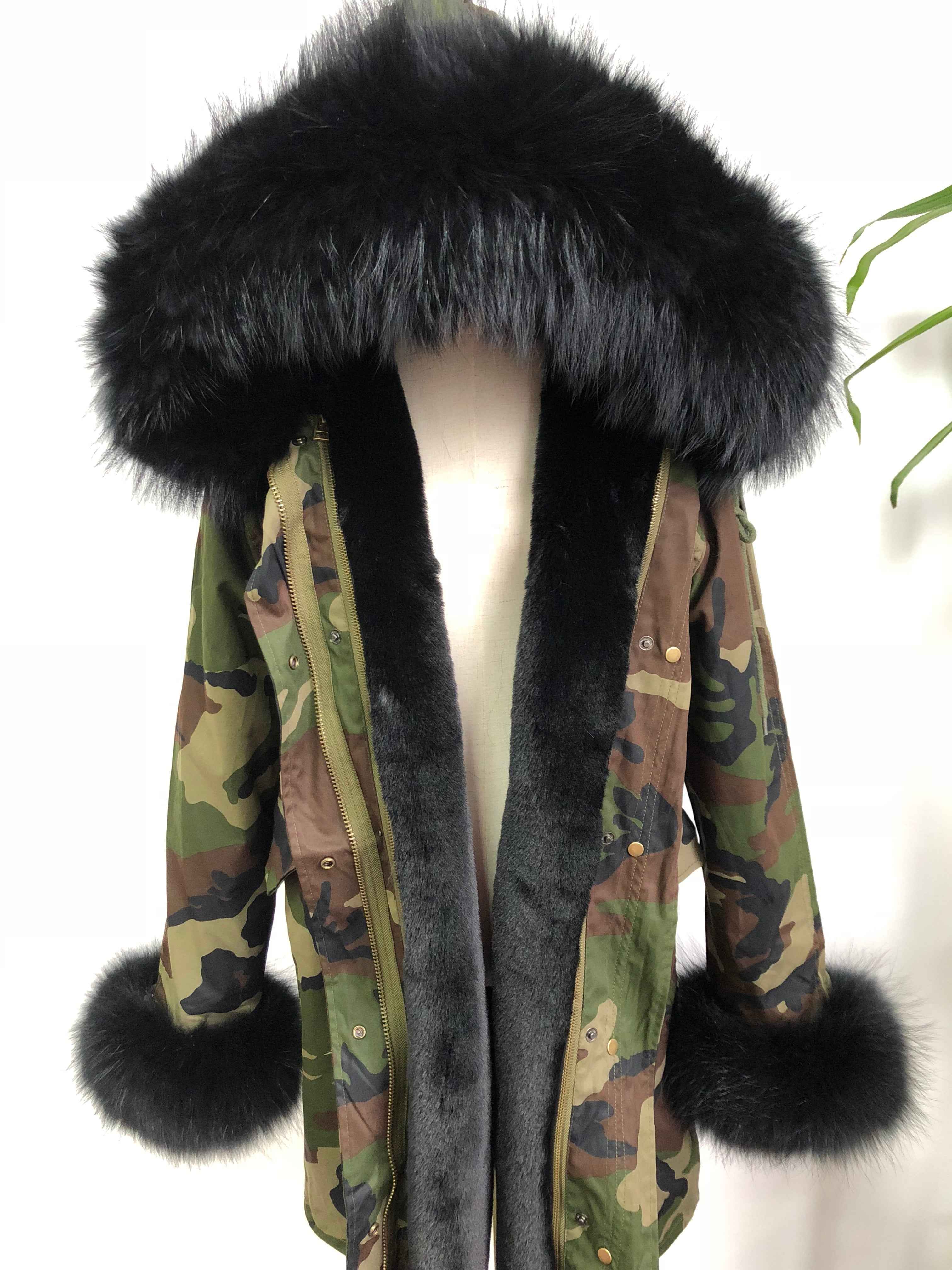 Women's Camouflage Faux Fur Parka – Winter Jacket with Fake Fur Collar & Pom Poms, Warm Outdoor Coat for Cold Weather 7#Green Camouflage