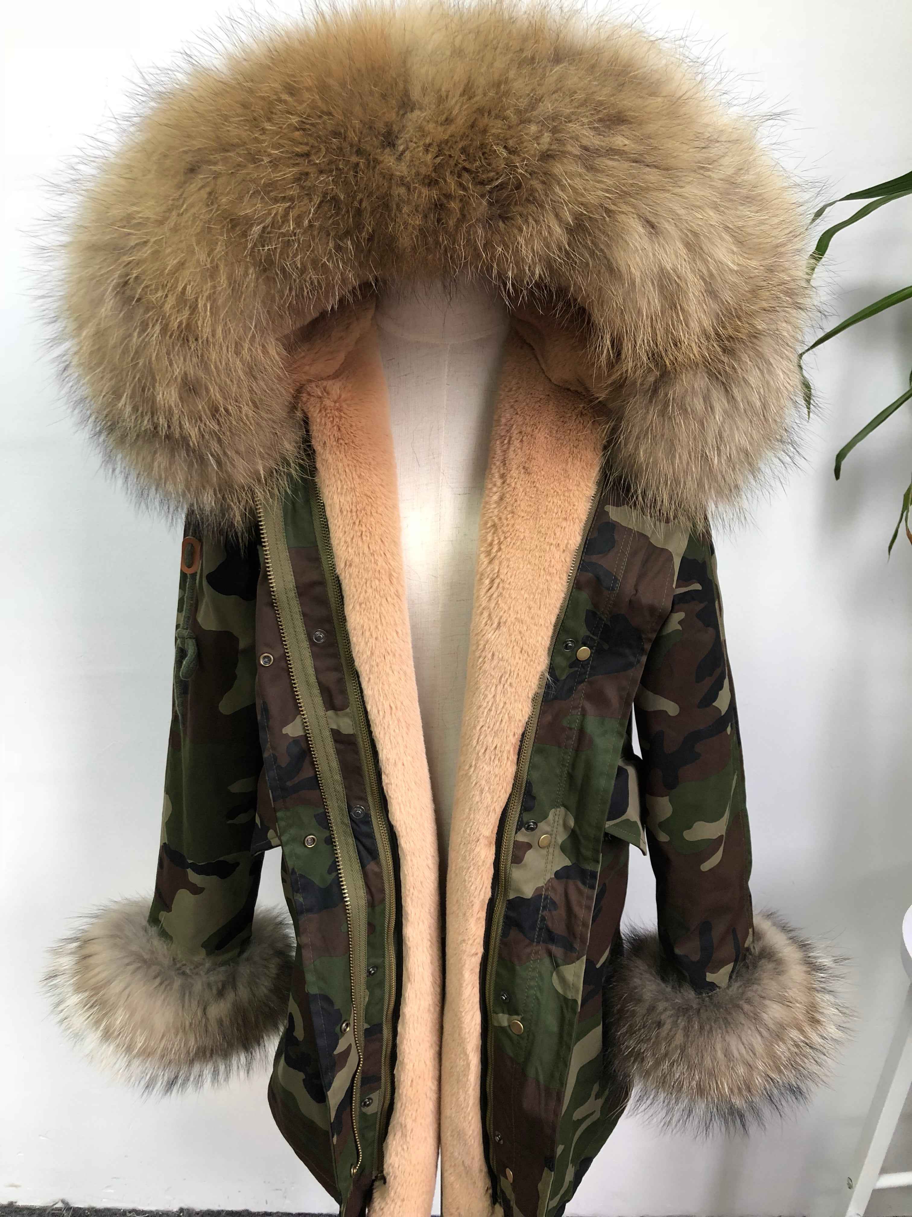 Women's Camouflage Faux Fur Parka – Winter Jacket with Fake Fur Collar & Pom Poms, Warm Outdoor Coat for Cold Weather 8#Green Camouflage