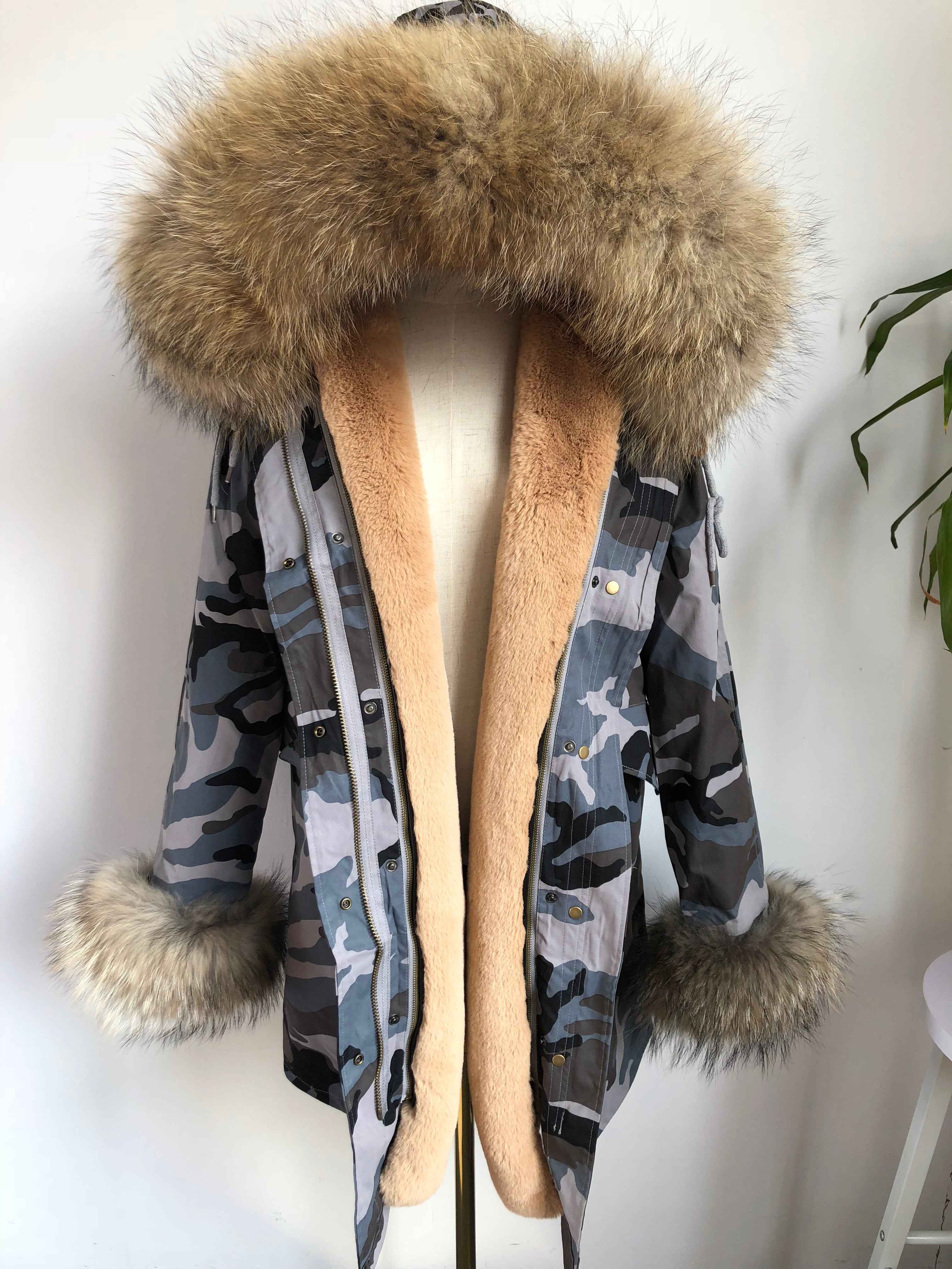 Women's Camouflage Faux Fur Parka – Winter Jacket with Fake Fur Collar & Pom Poms, Warm Outdoor Coat for Cold Weather 8#Gray Camouflage