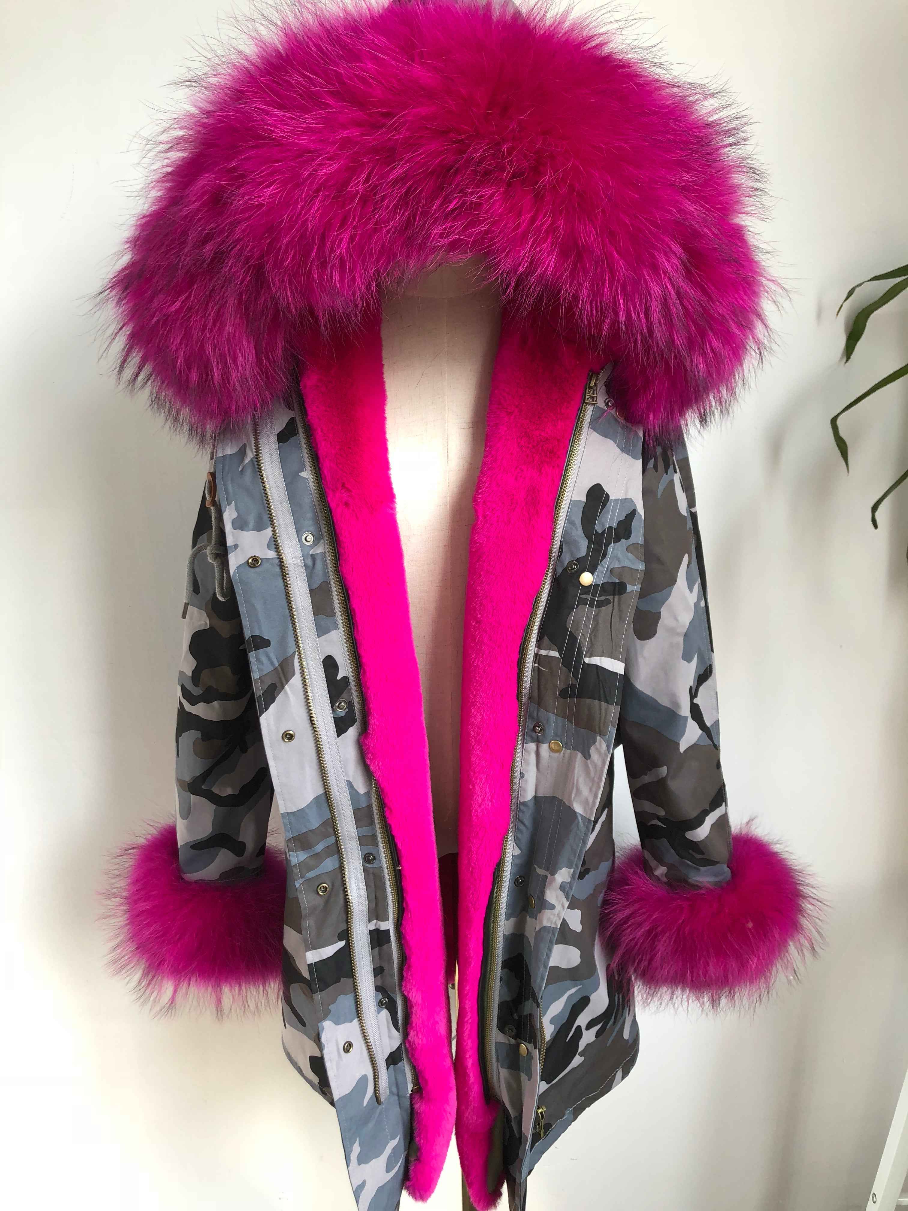 Women's Camouflage Faux Fur Parka – Winter Jacket with Fake Fur Collar & Pom Poms, Warm Outdoor Coat for Cold Weather 2#Gray Camouflage