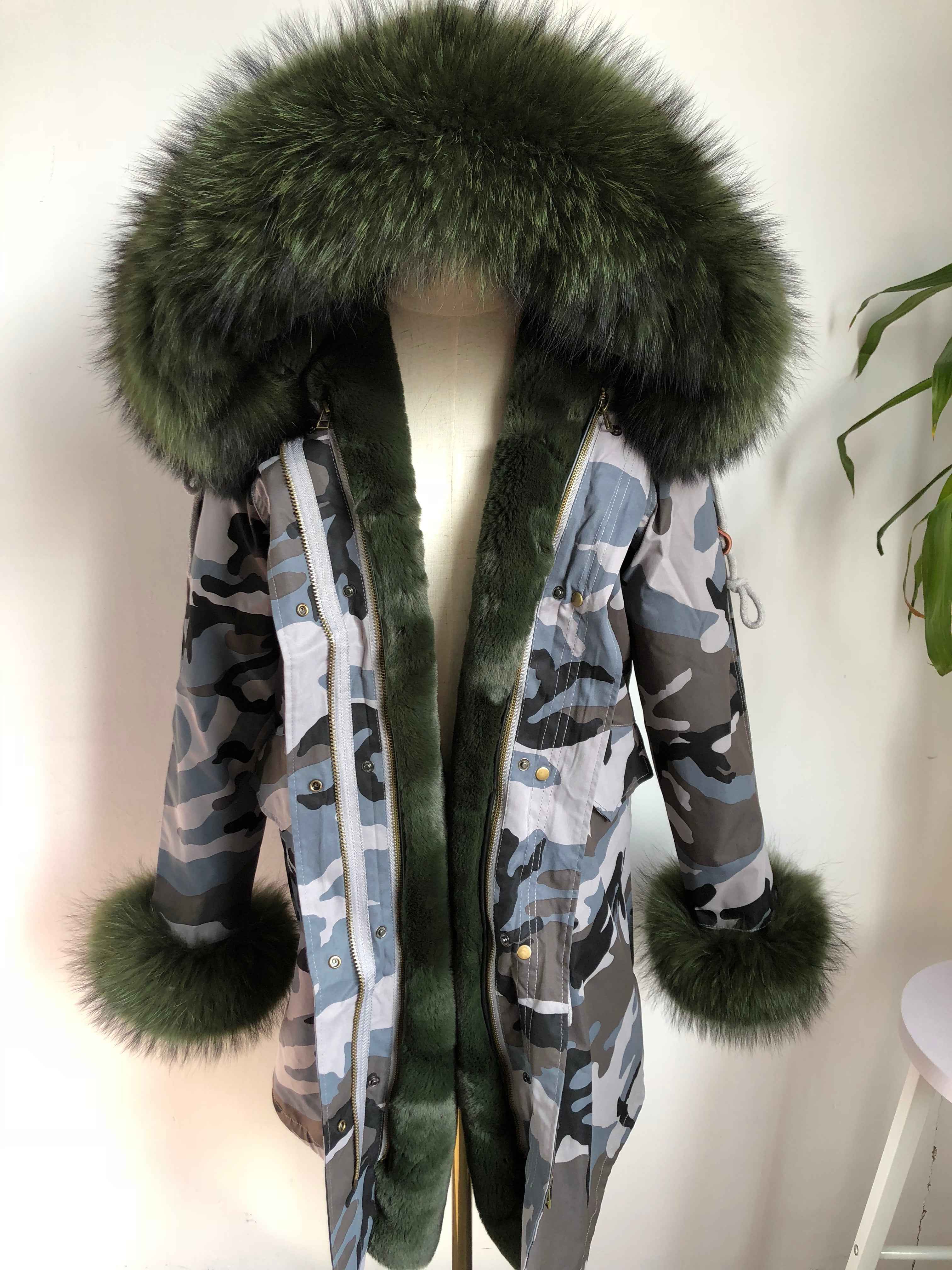 Women's Camouflage Faux Fur Parka – Winter Jacket with Fake Fur Collar & Pom Poms, Warm Outdoor Coat for Cold Weather 6#Gray Camouflage