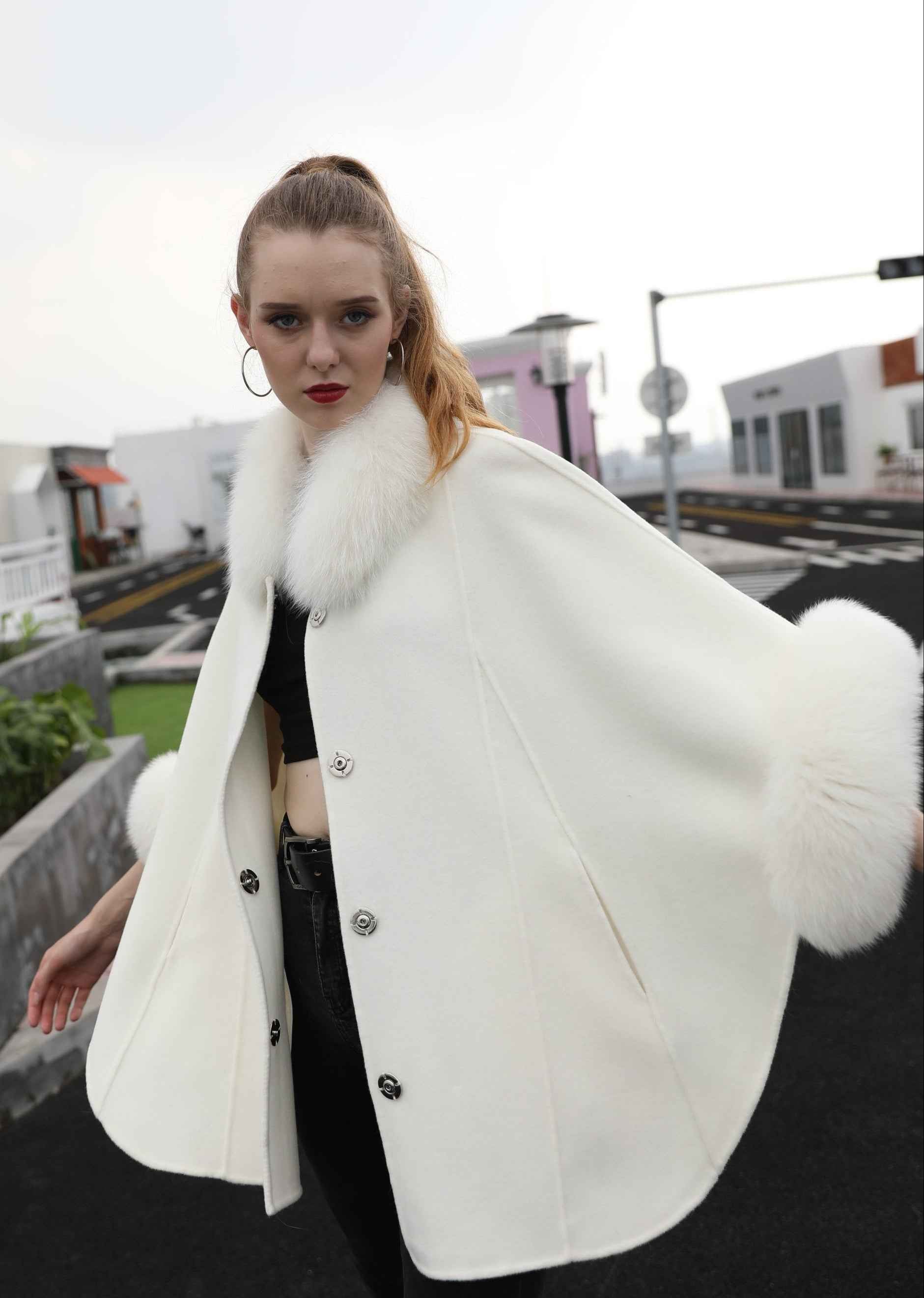 Women's White Faux Fur Trim Cape Coat, Double-Faced Wool Long Oversized Jacket for Winter Casual Outfits