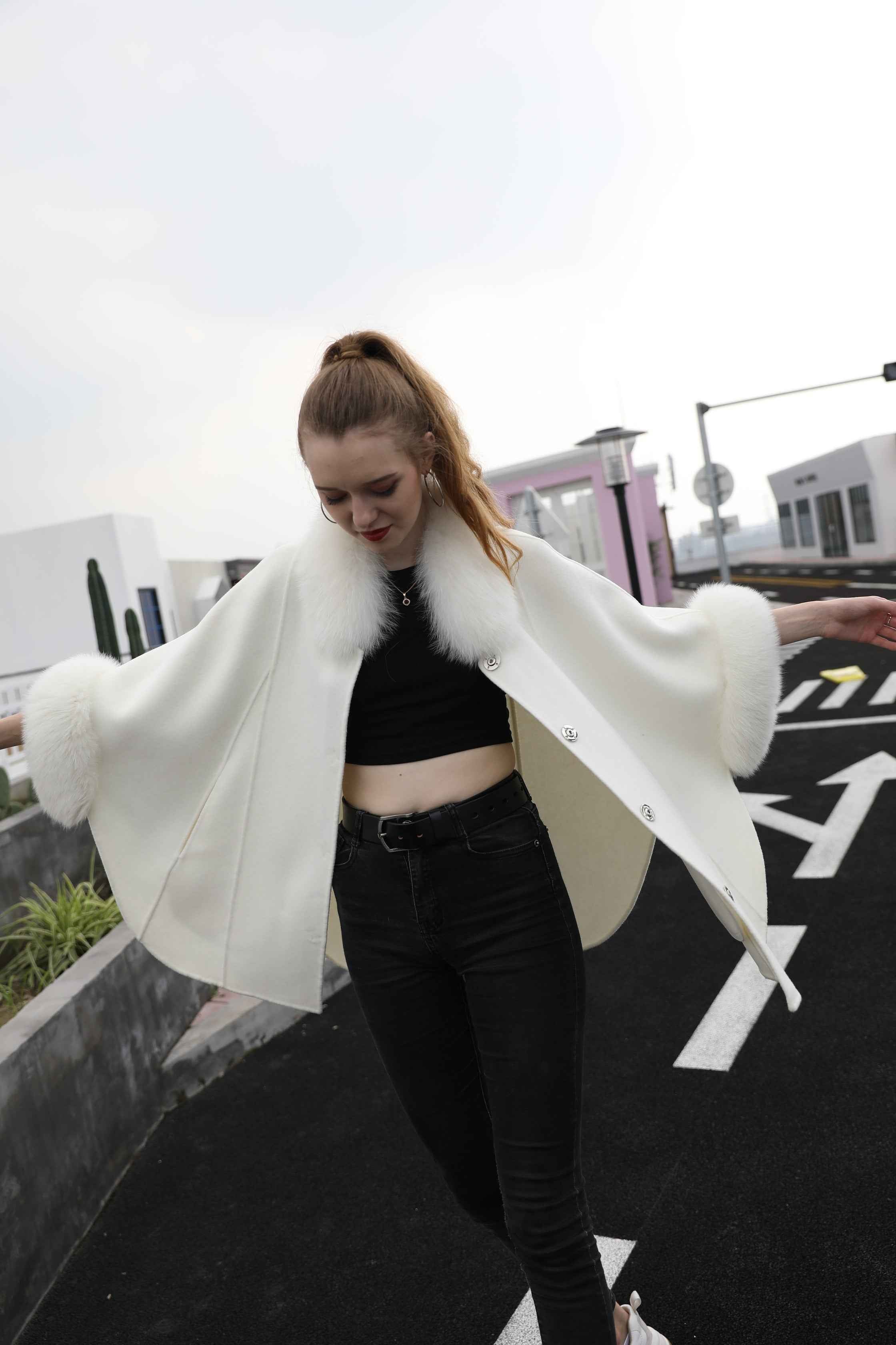 Women's White Faux Fur Trim Cape Coat, Double-Faced Wool Long Oversized Jacket for Winter Casual Outfits
