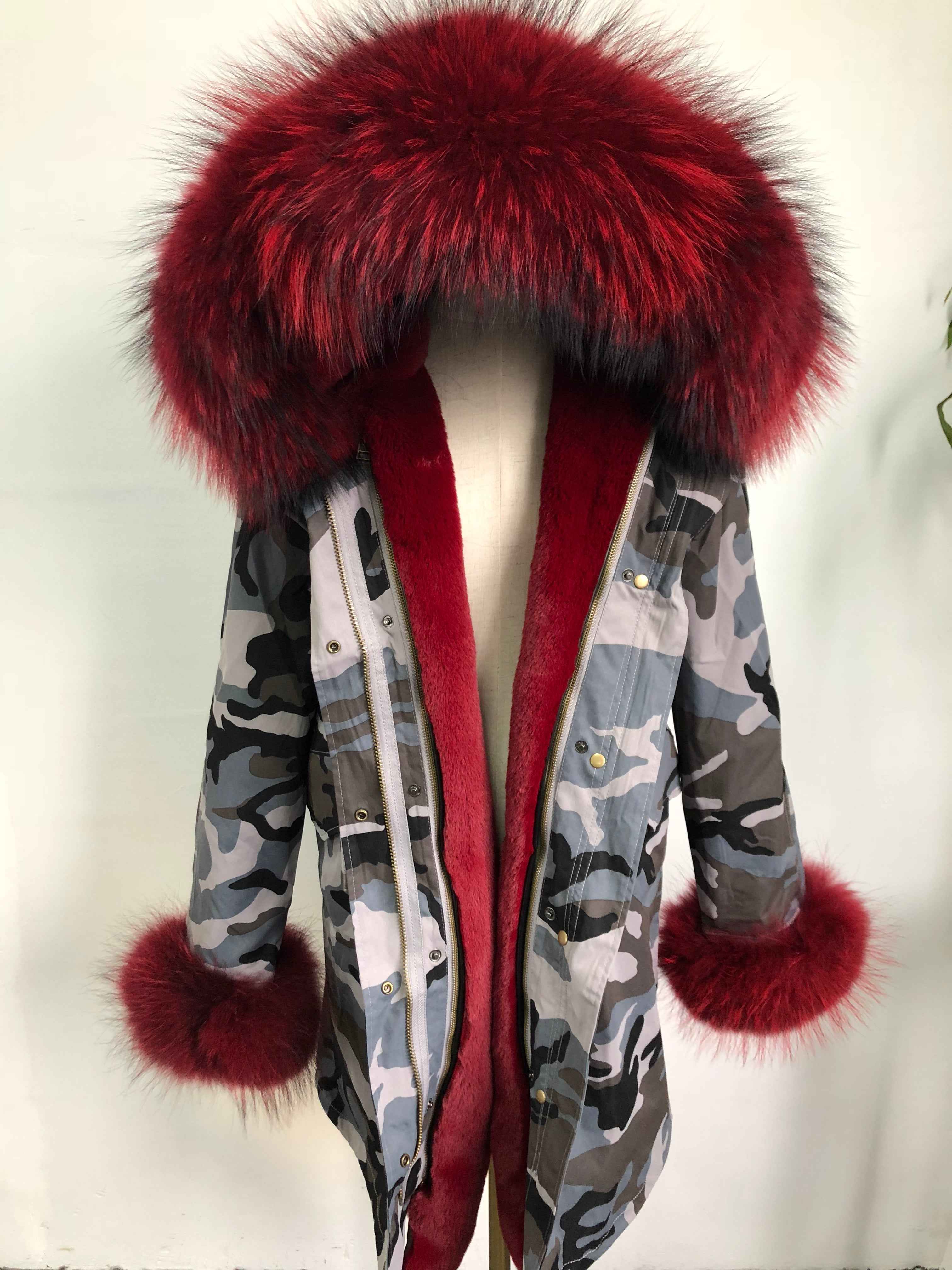 Women's Camouflage Faux Fur Parka – Winter Jacket with Fake Fur Collar & Pom Poms, Warm Outdoor Coat for Cold Weather 4#Gray Camouflage