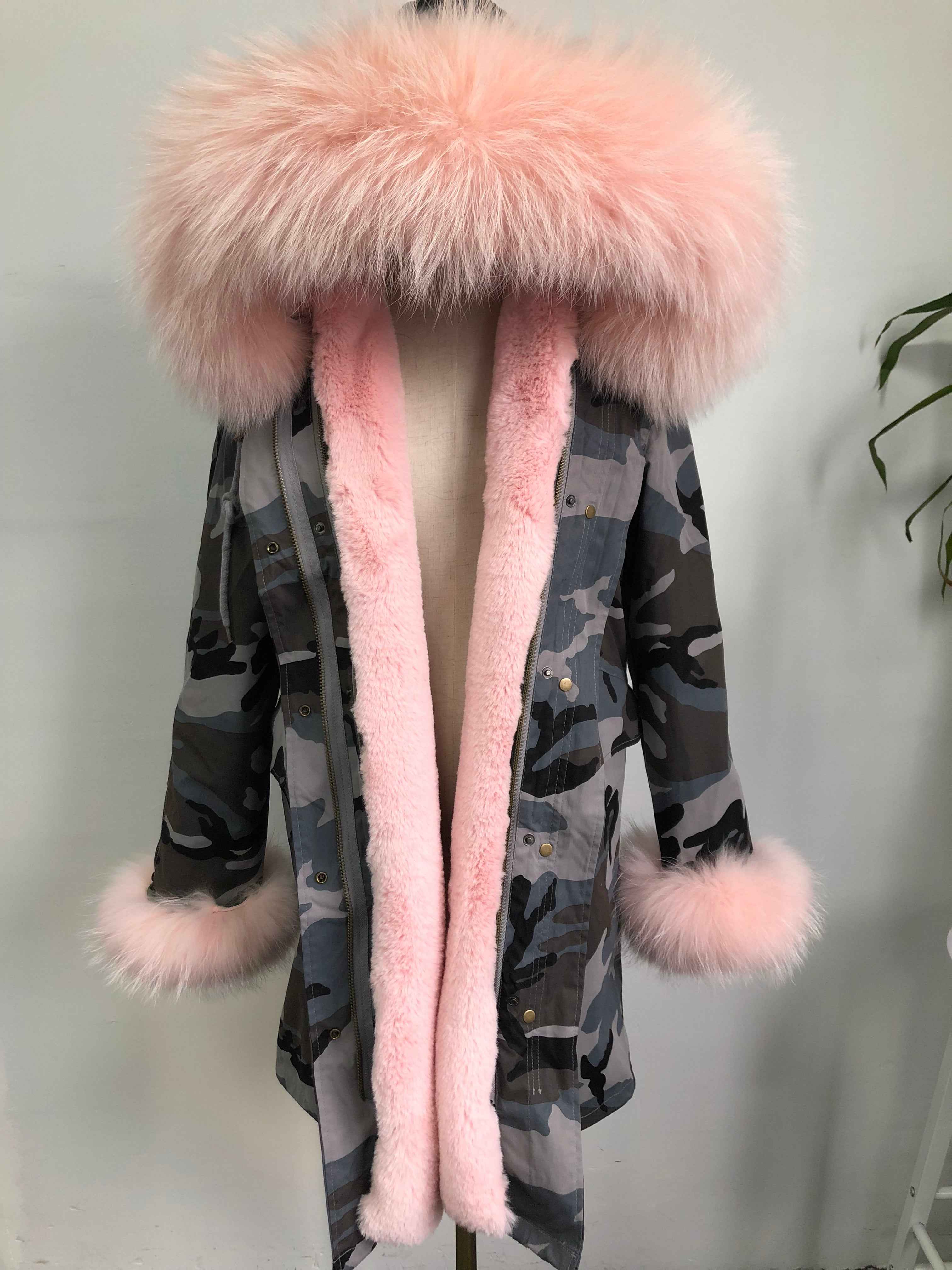Women's Camouflage Faux Fur Parka – Winter Jacket with Fake Fur Collar & Pom Poms, Warm Outdoor Coat for Cold Weather 3#Gray Camouflage