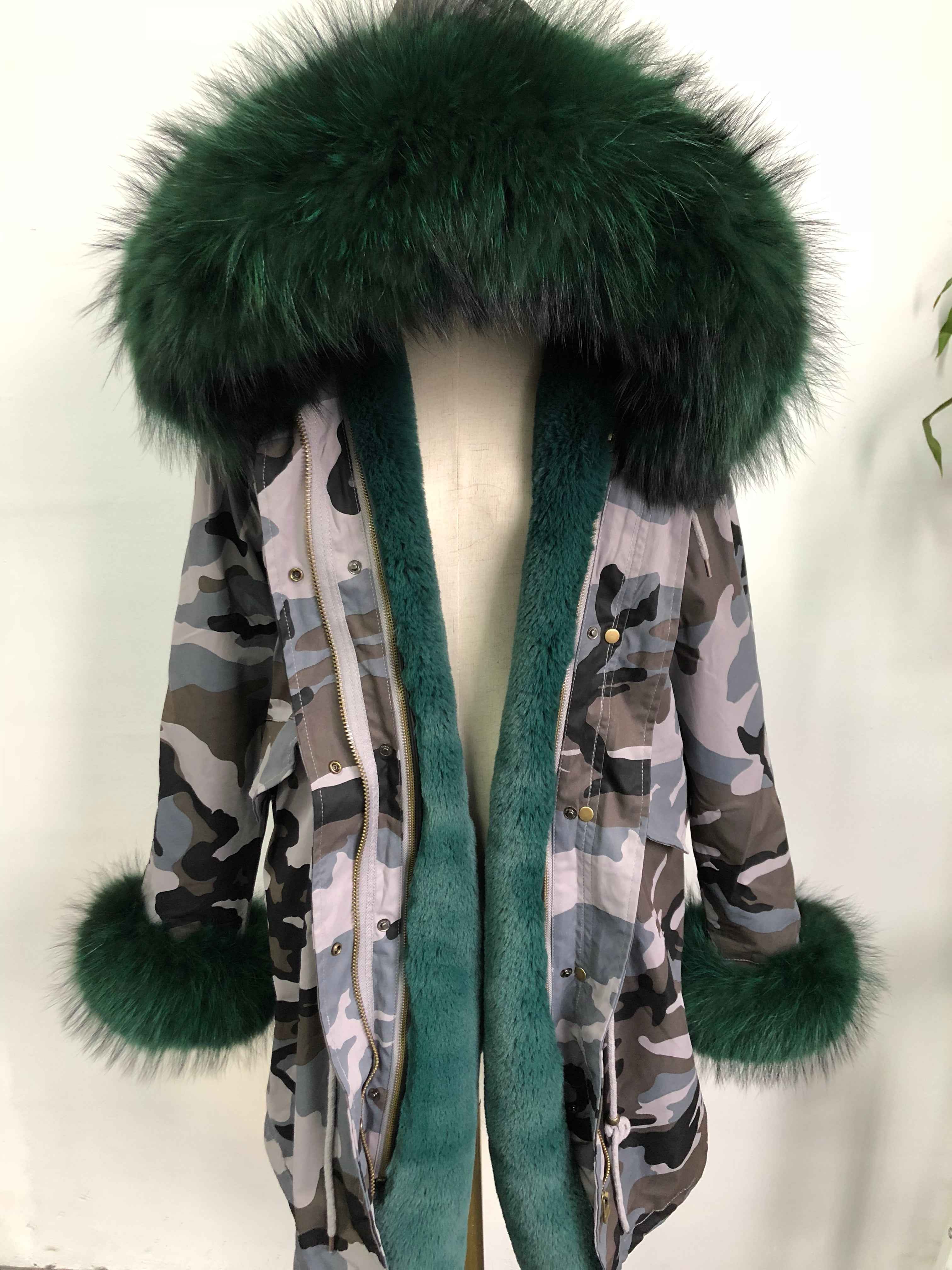 Women's Camouflage Faux Fur Parka – Winter Jacket with Fake Fur Collar & Pom Poms, Warm Outdoor Coat for Cold Weather 1#Gray Camouflage