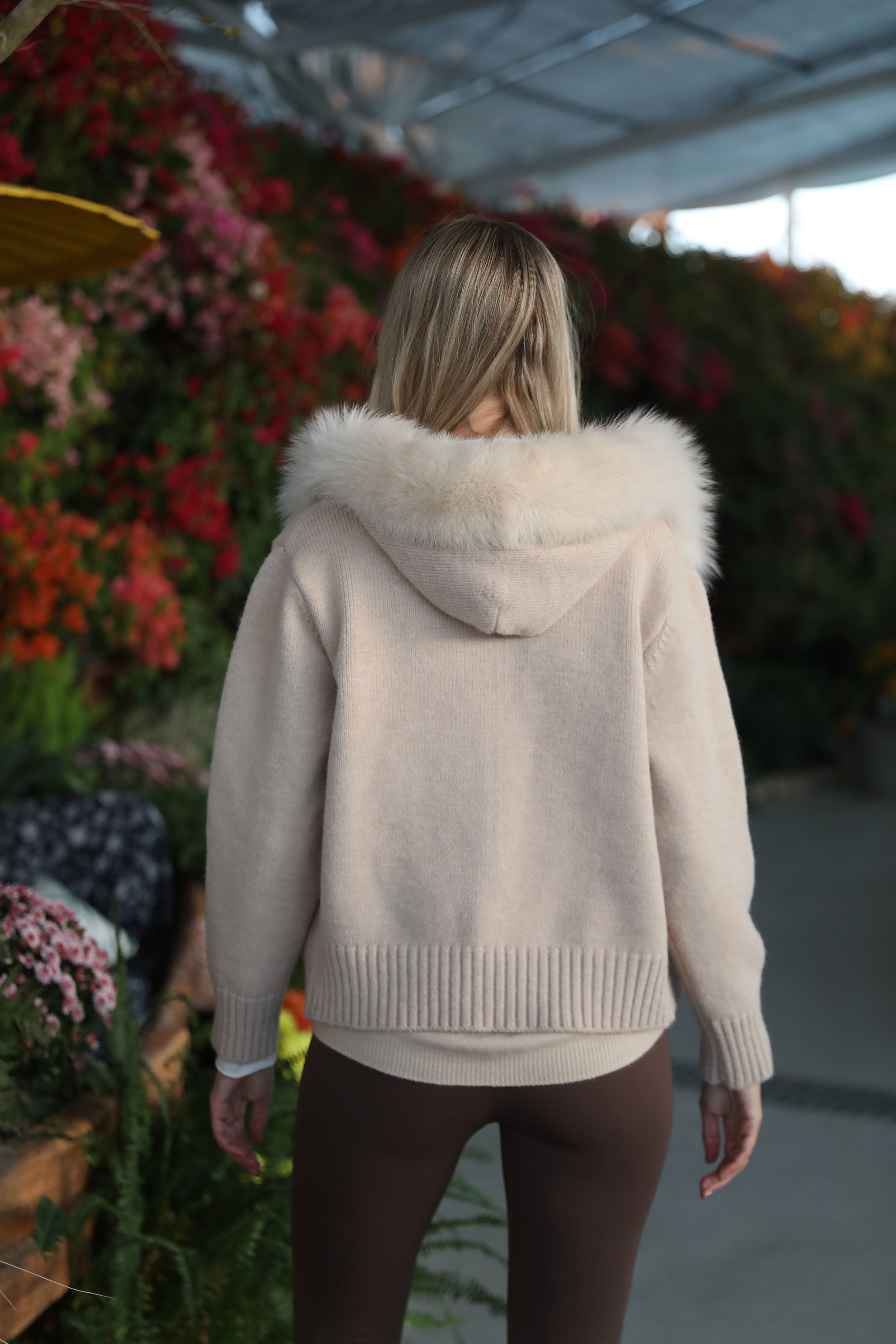 Women’s Beige Sheep Wool Knit Hooded Jacket with Real Fox Fur Trim – Full-Zip Winter Coat for Cold Weather Fashion