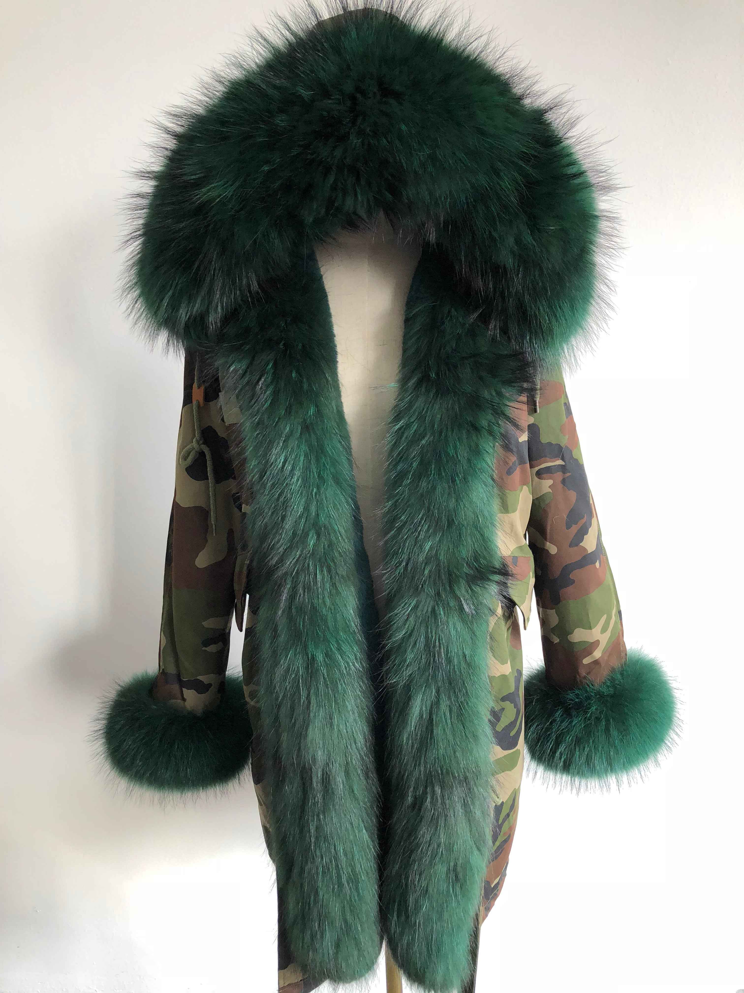 Long Camouflage Parka with Raccoon Fur Trim – Hooded Winter Coat for Women, Full-Length Raccoon Fur Collar & Cuffs, Warm and Luxurious Outerwear 3#Camouflage Green
