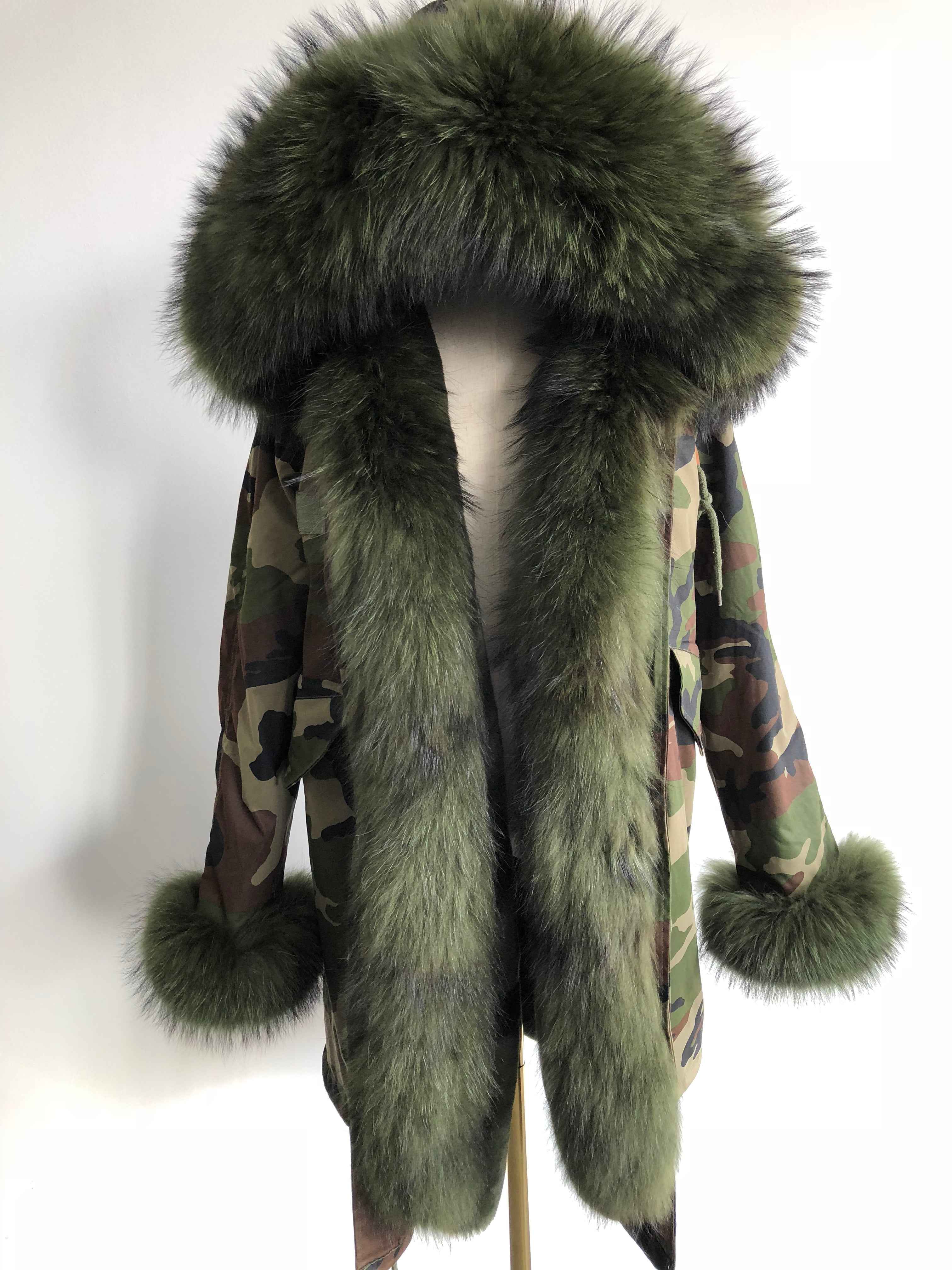 Long Camouflage Parka with Raccoon Fur Trim – Hooded Winter Coat for Women, Full-Length Raccoon Fur Collar & Cuffs, Warm and Luxurious Outerwear 4#Camouflage Green