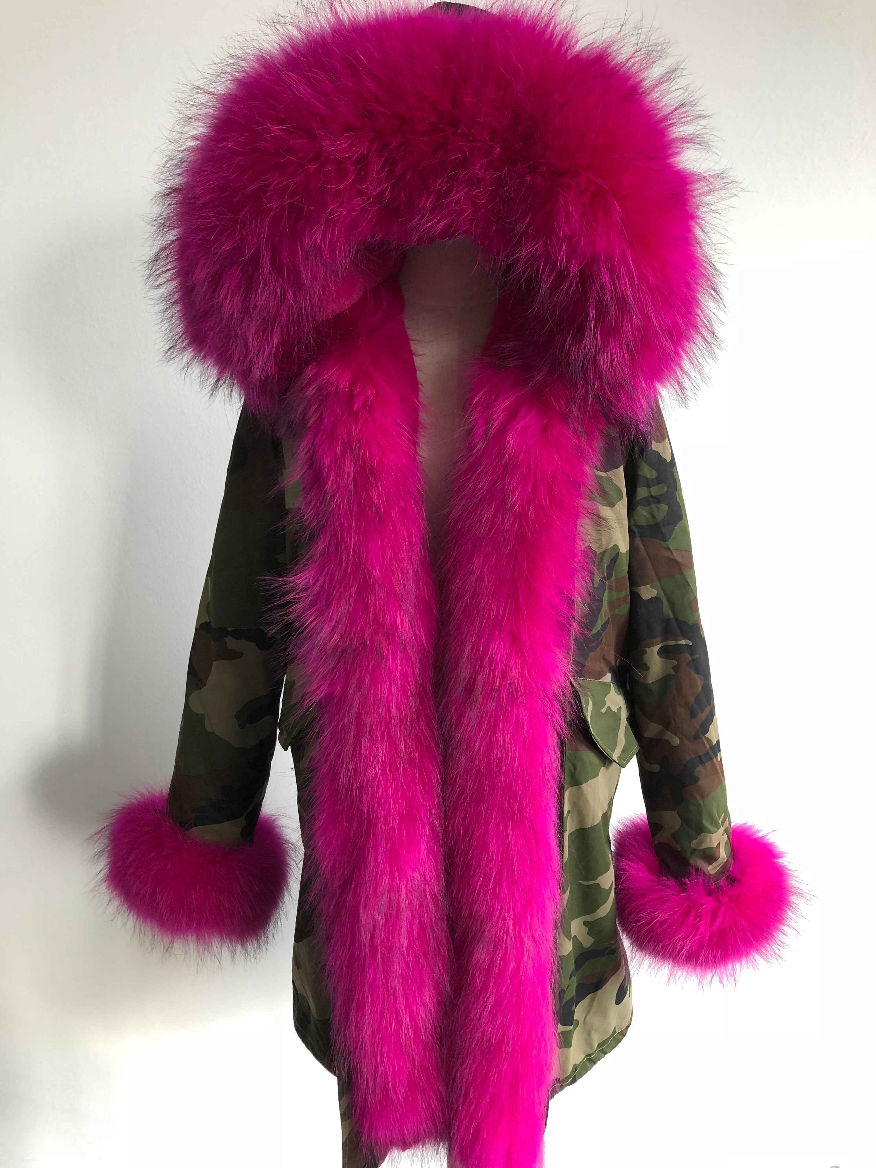 Long Camouflage Parka with Raccoon Fur Trim – Hooded Winter Coat for Women, Full-Length Raccoon Fur Collar & Cuffs, Warm and Luxurious Outerwear 6#Camouflage Green