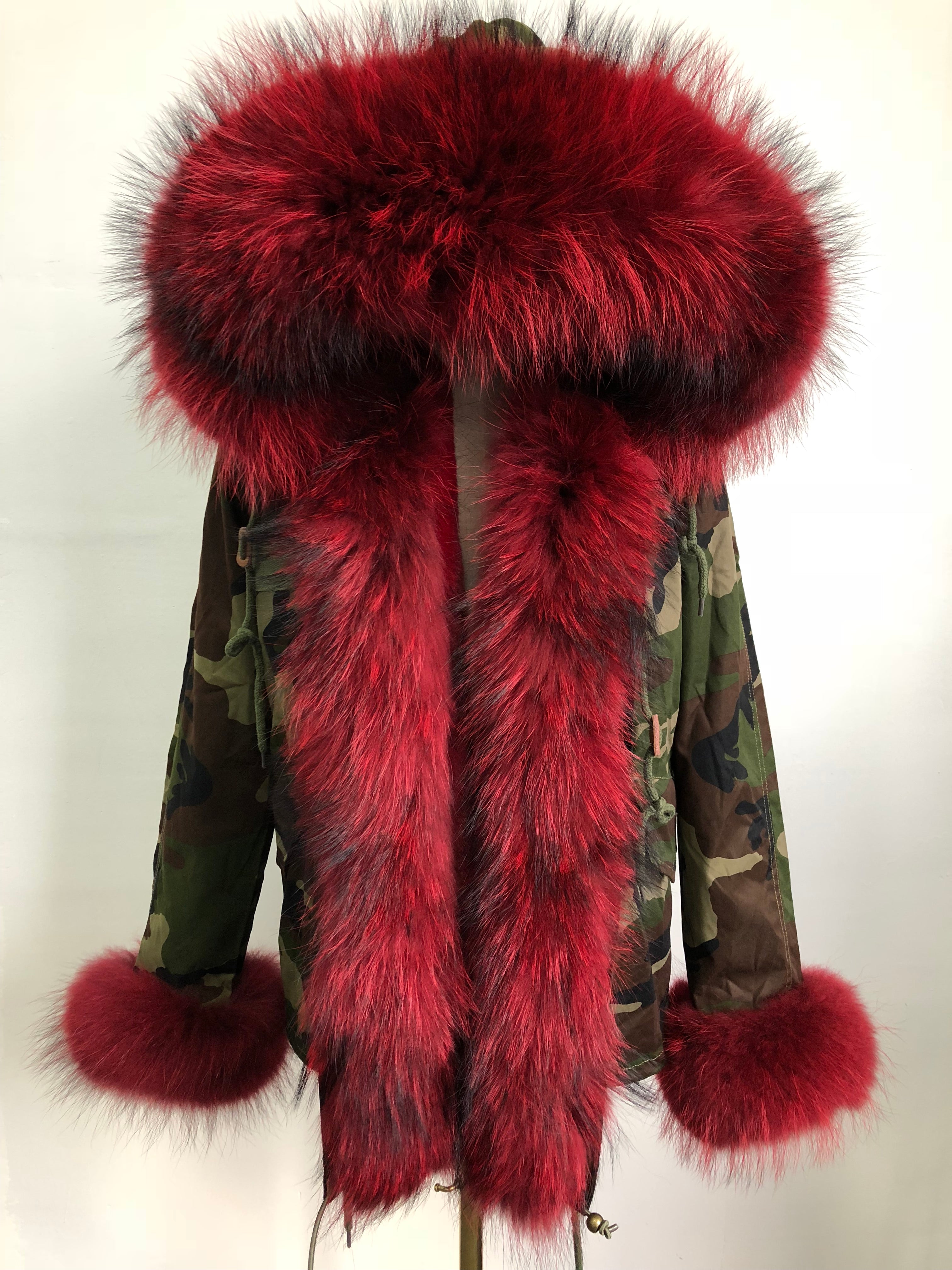 Short Parka with Pink Raccoon Fur Trim – Hooded Winter Coat for Women, Faux Fur Lining & Cuffs, Warm and Stylish Outerwear 1#Camouflage Green