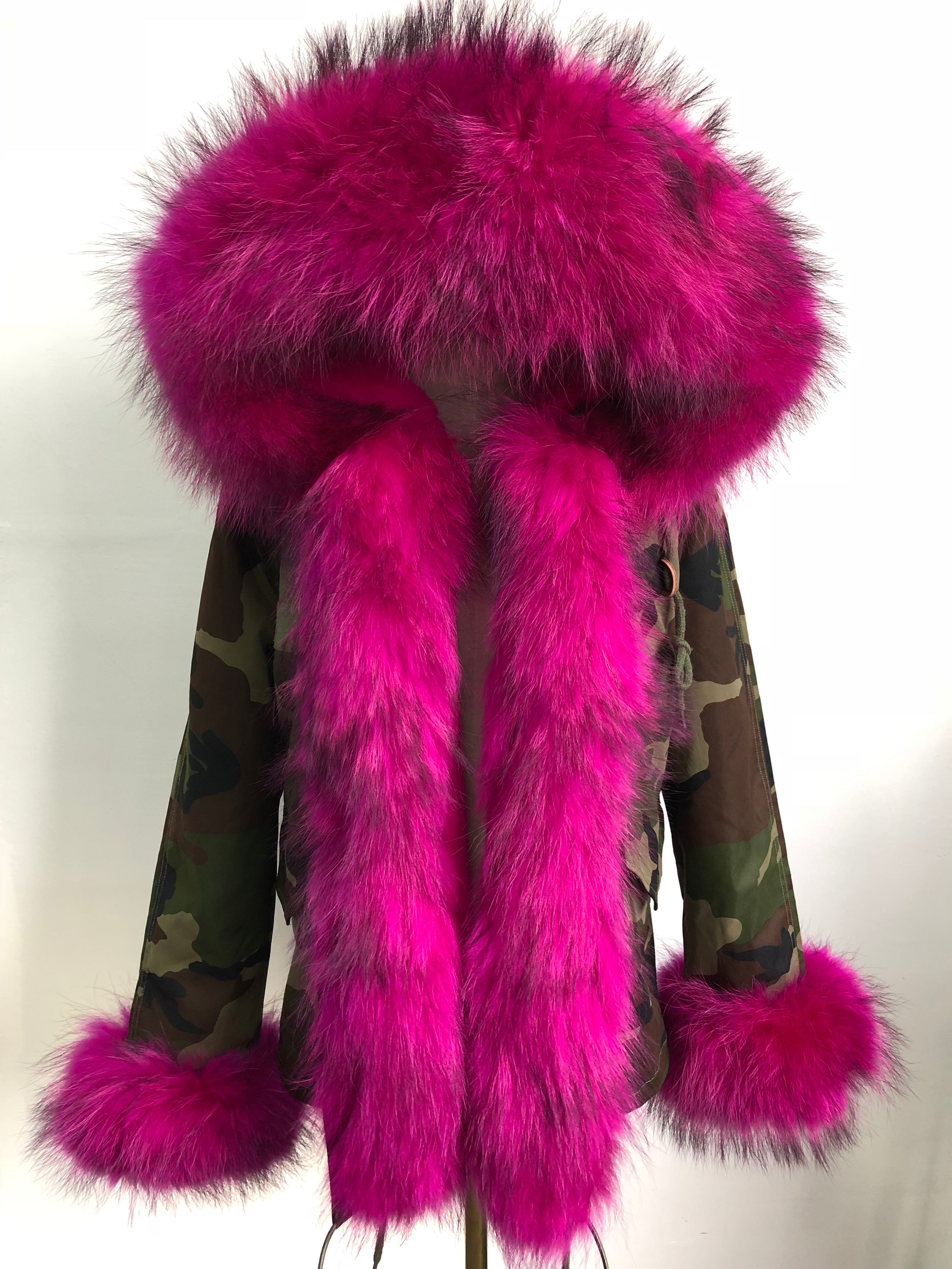 Short Parka with Pink Raccoon Fur Trim – Hooded Winter Coat for Women, Faux Fur Lining & Cuffs, Warm and Stylish Outerwear 6#Camouflage Green