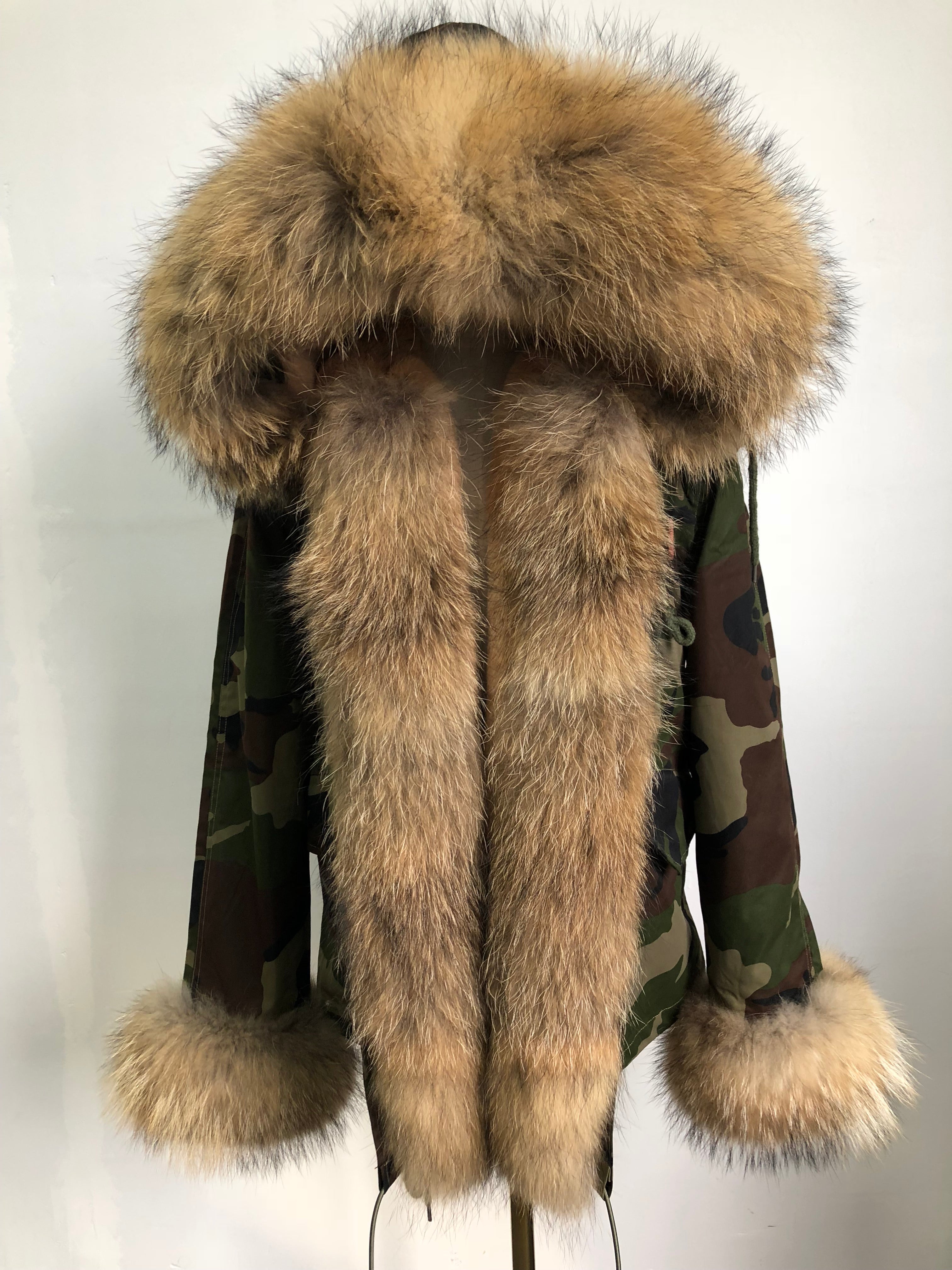 Short Parka with Pink Raccoon Fur Trim – Hooded Winter Coat for Women, Faux Fur Lining & Cuffs, Warm and Stylish Outerwear 2#Camouflage Green