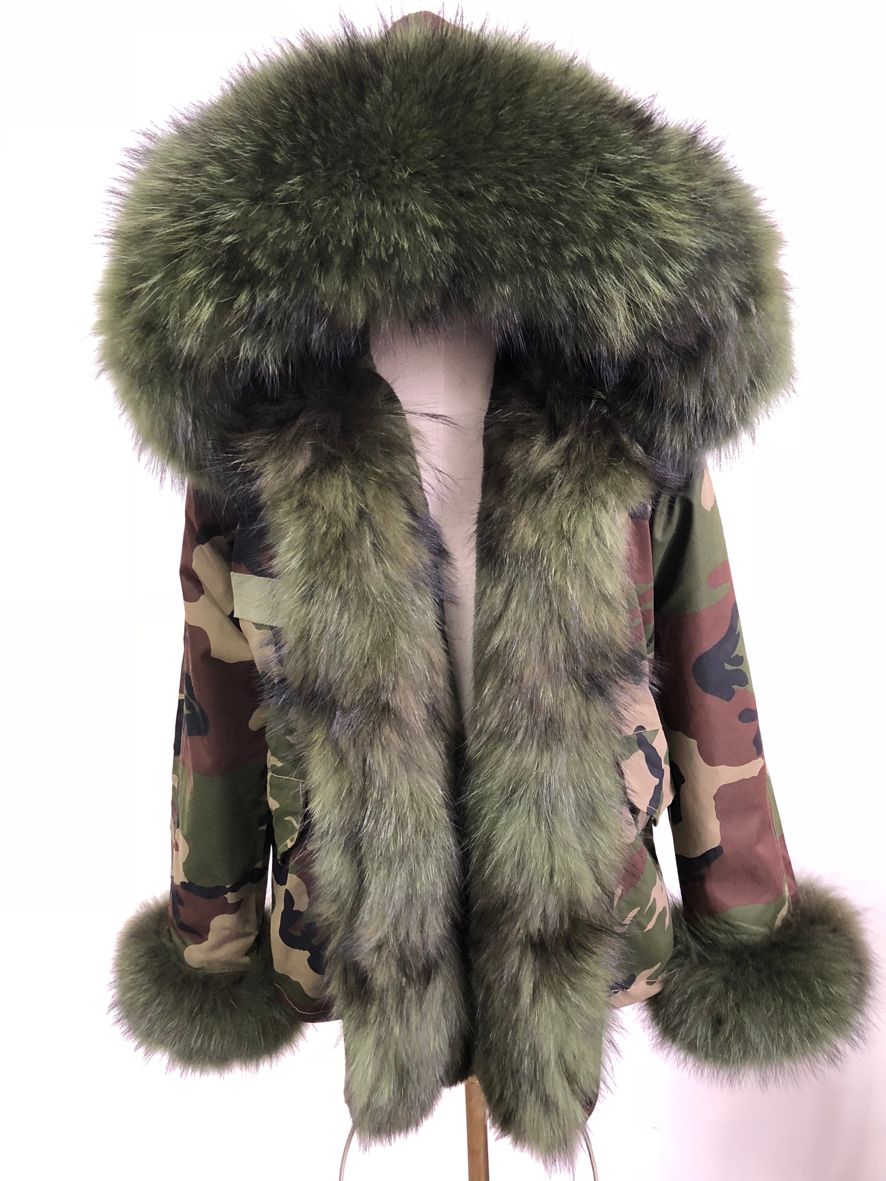 Short Parka with Pink Raccoon Fur Trim – Hooded Winter Coat for Women, Faux Fur Lining & Cuffs, Warm and Stylish Outerwear 8#Camouflage Green