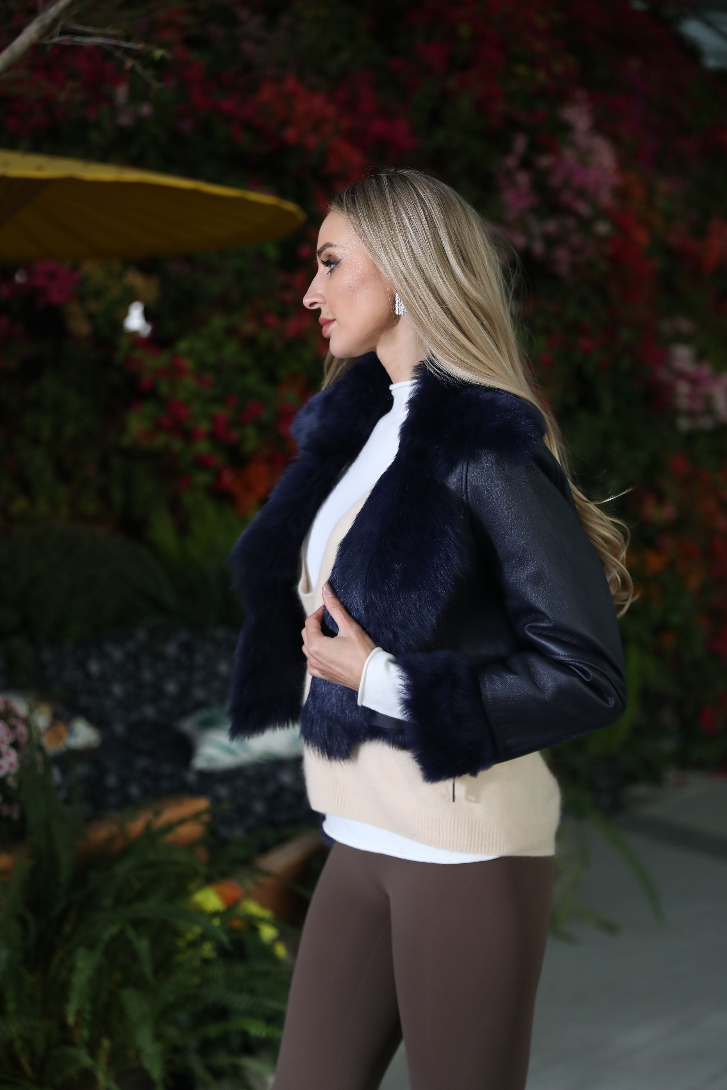 Women’s Tan Shearling Leather Biker Jacket – Fur Collar & Cuff, Asymmetrical Zip Closure, Short Winter Coat for Fashionable Outerwear