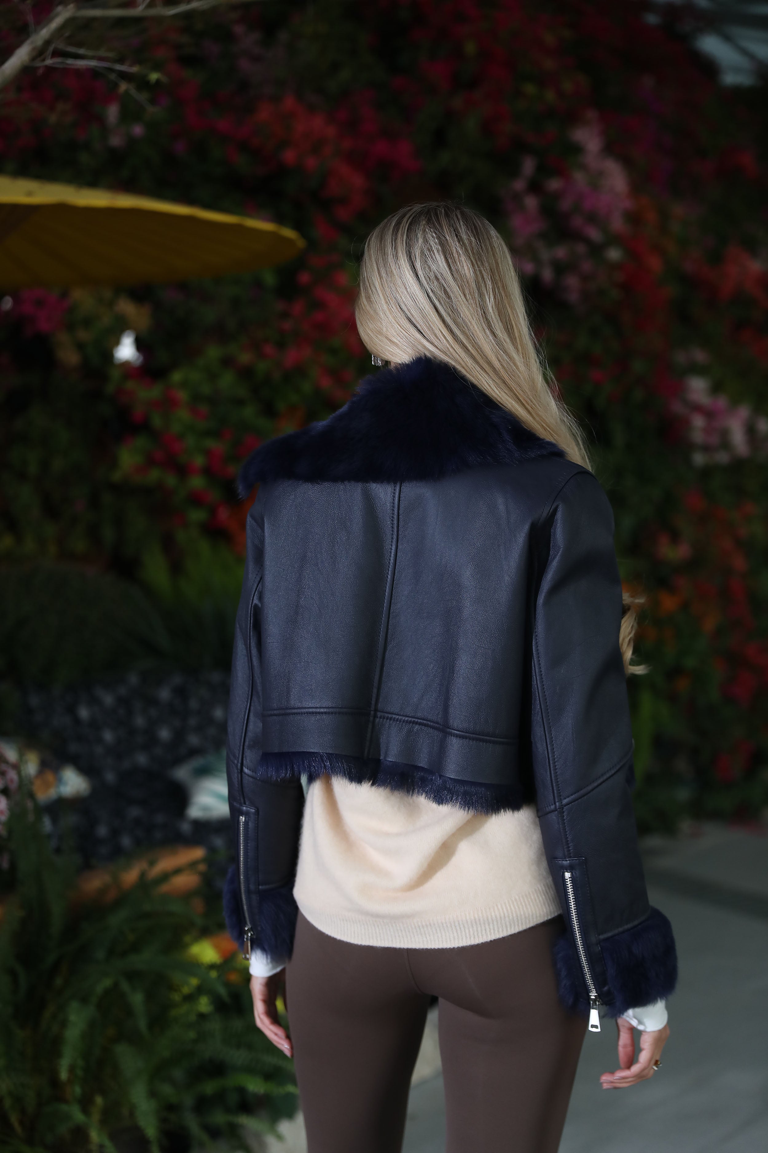 Women’s Tan Shearling Leather Biker Jacket – Fur Collar & Cuff, Asymmetrical Zip Closure, Short Winter Coat for Fashionable Outerwear