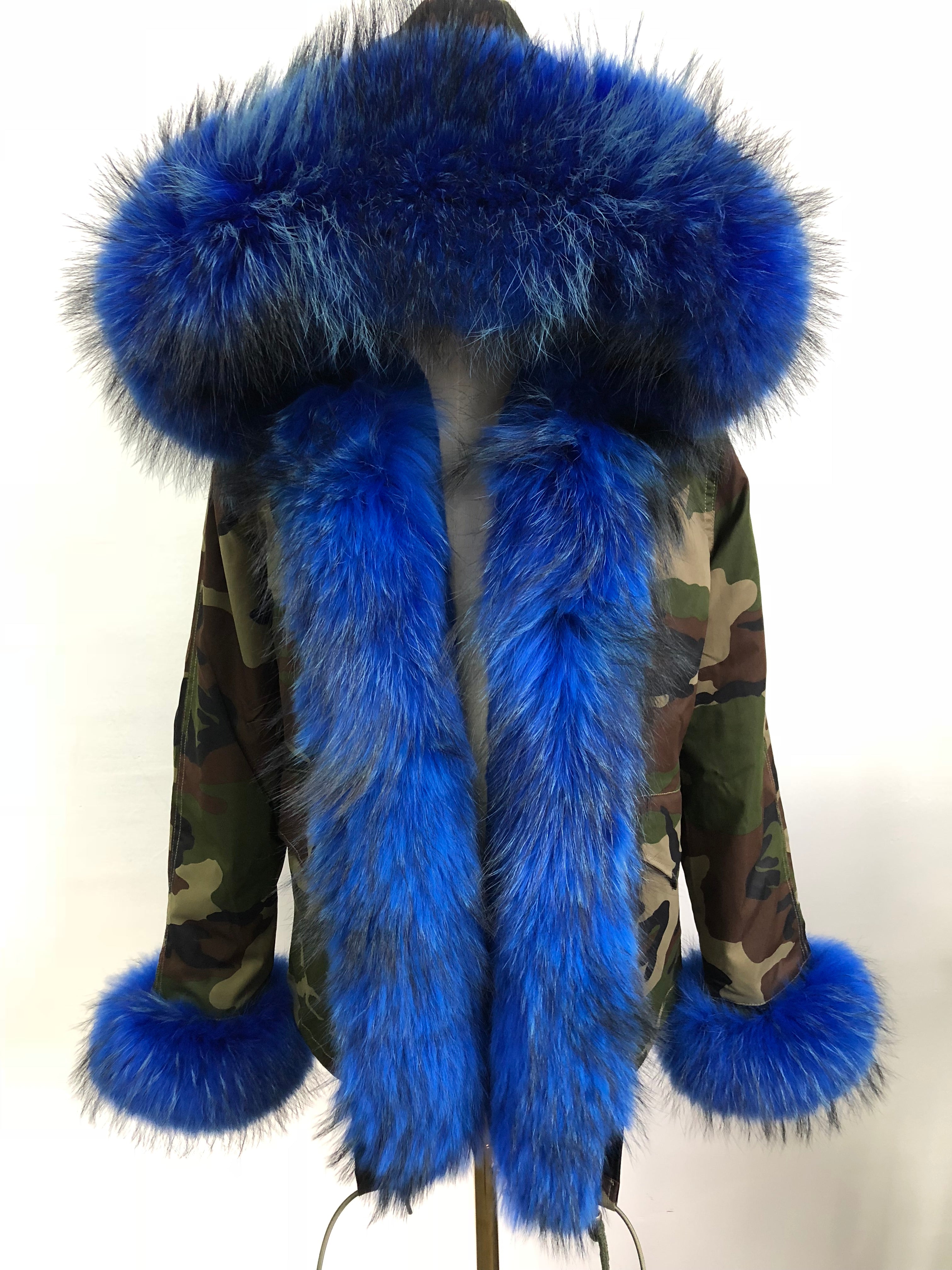 Short Parka with Pink Raccoon Fur Trim – Hooded Winter Coat for Women, Faux Fur Lining & Cuffs, Warm and Stylish Outerwear 5#Camouflage Green