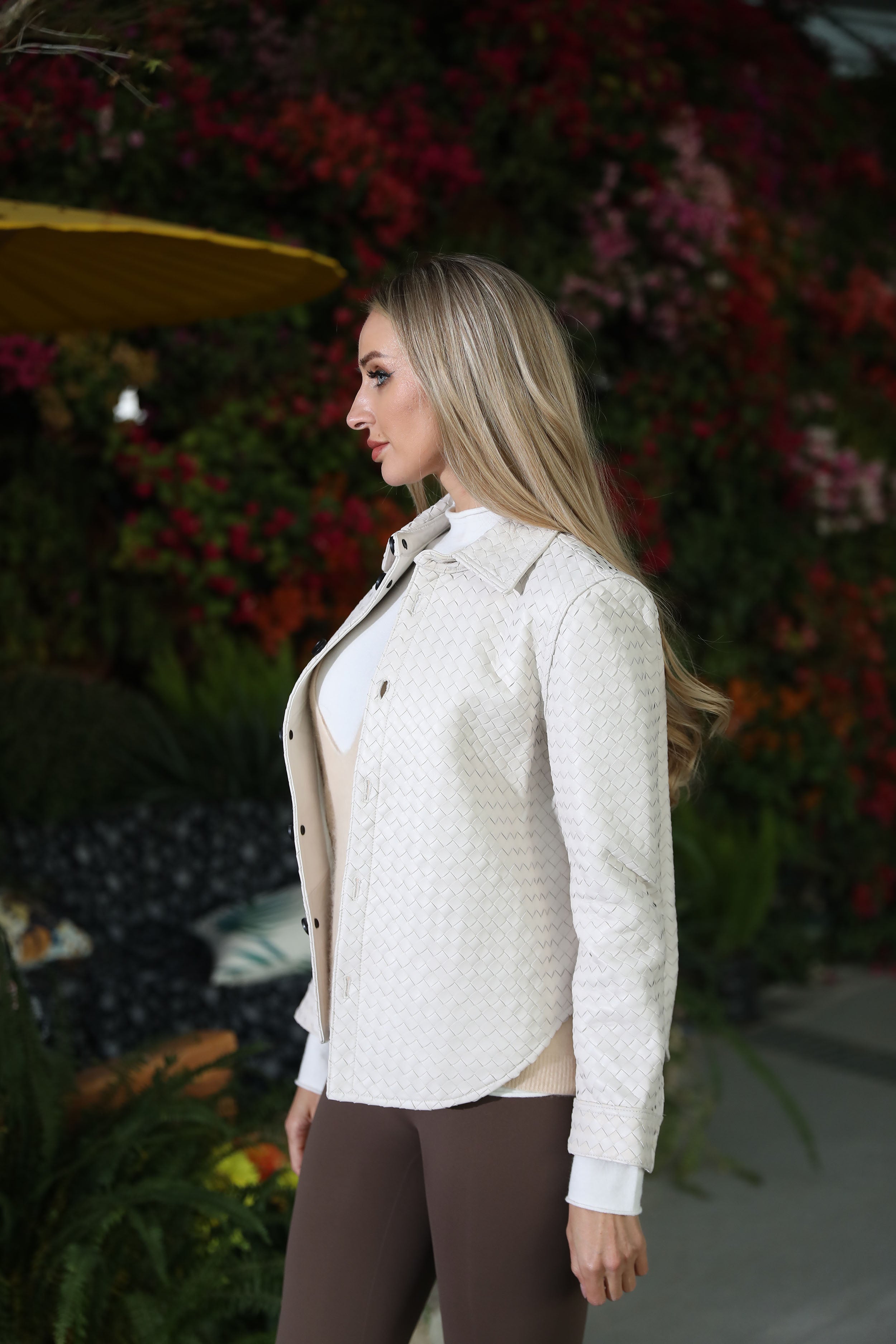 Luxury Woven Faux Leather Jacket with Collar – Women’s Button-Down Short Coat for Casual & Office Wear