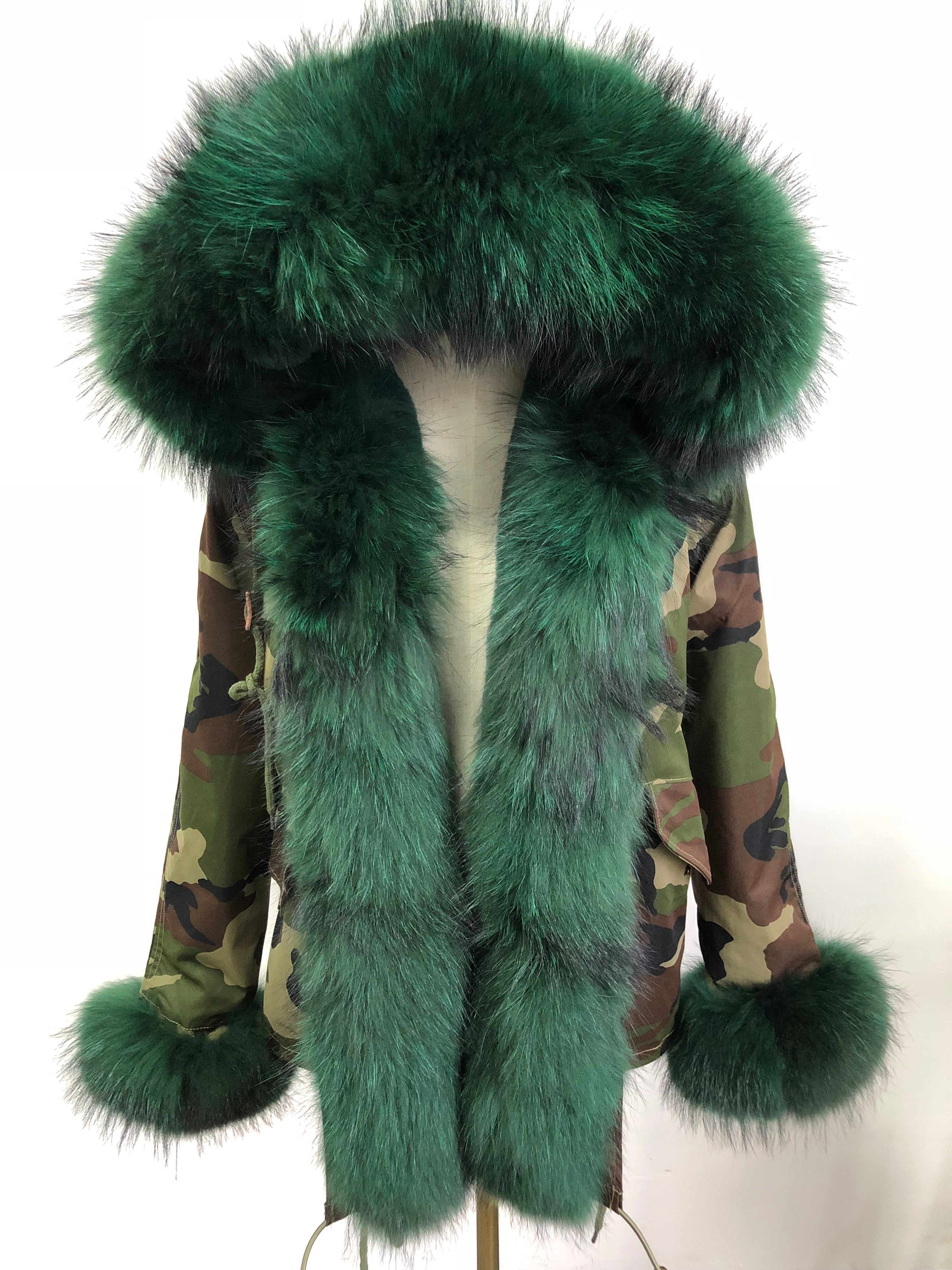 Short Parka with Pink Raccoon Fur Trim – Hooded Winter Coat for Women, Faux Fur Lining & Cuffs, Warm and Stylish Outerwear 3#Camouflage Green