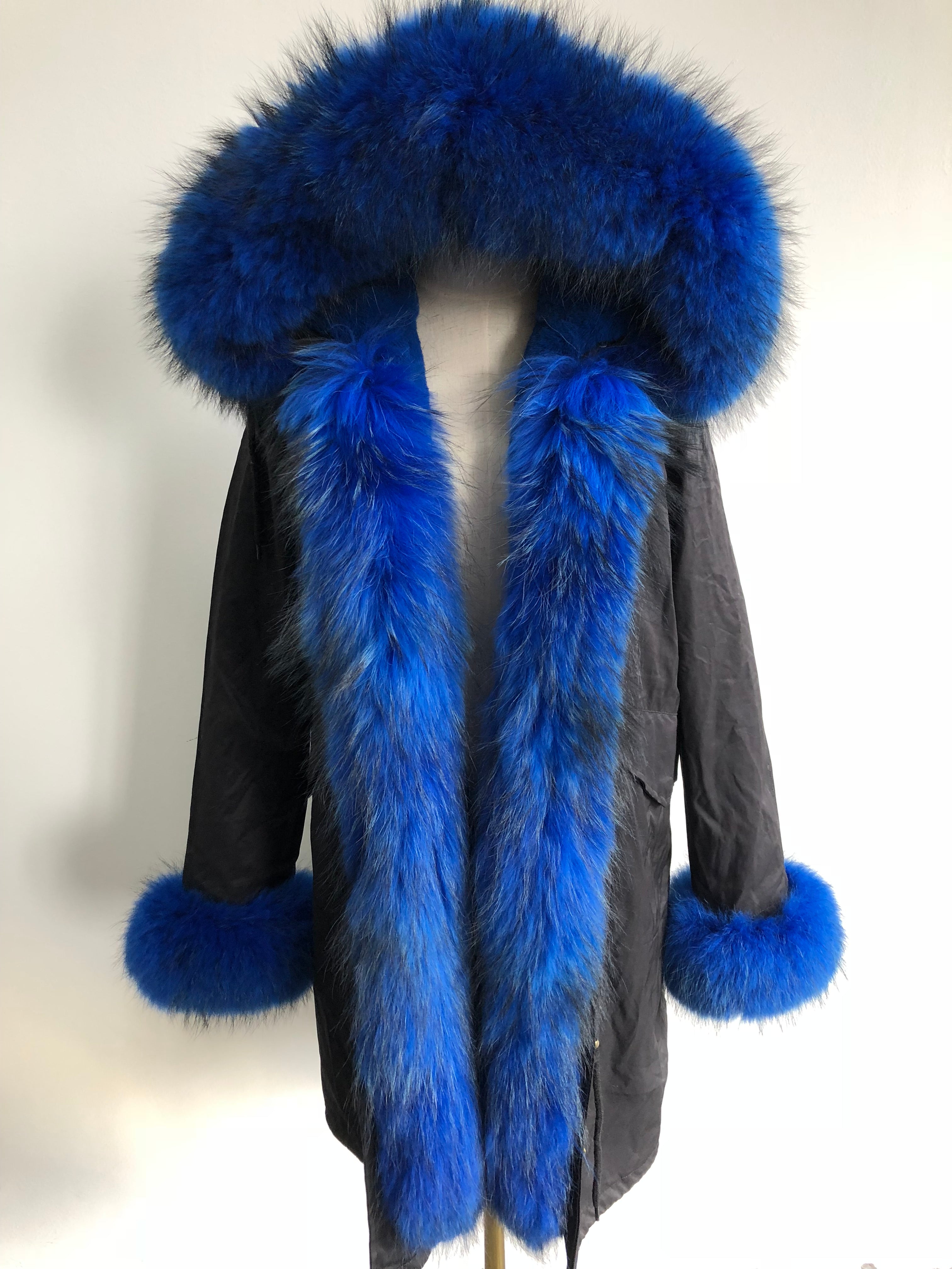 Long Camouflage Parka with Raccoon Fur Trim – Hooded Winter Coat for Women, Full-Length Raccoon Fur Collar & Cuffs, Warm and Luxurious Outerwear 5#Black