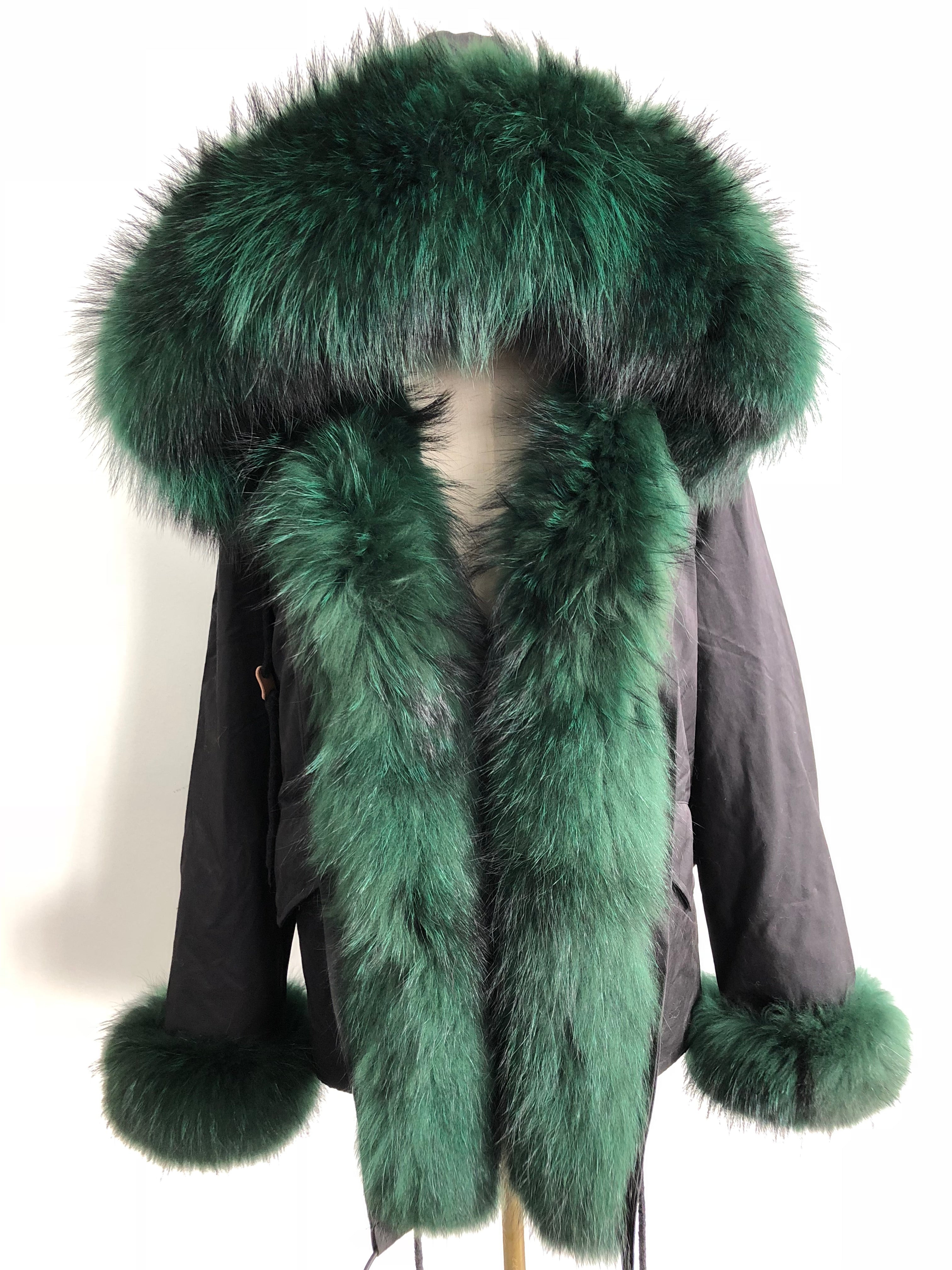 Short Parka with Pink Raccoon Fur Trim – Hooded Winter Coat for Women, Faux Fur Lining & Cuffs, Warm and Stylish Outerwear 3#Black