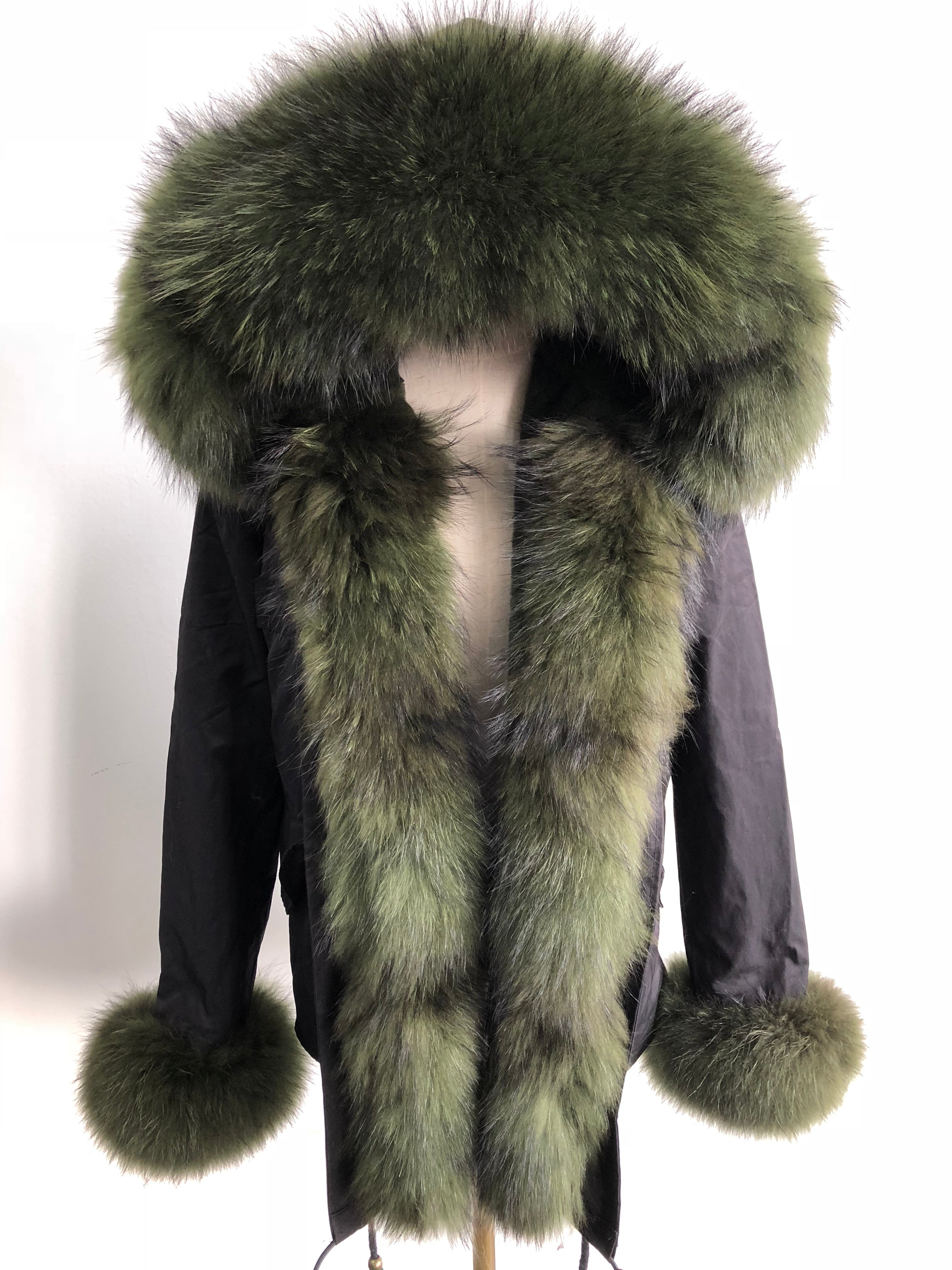 Short Parka with Pink Raccoon Fur Trim – Hooded Winter Coat for Women, Faux Fur Lining & Cuffs, Warm and Stylish Outerwear 4#Black