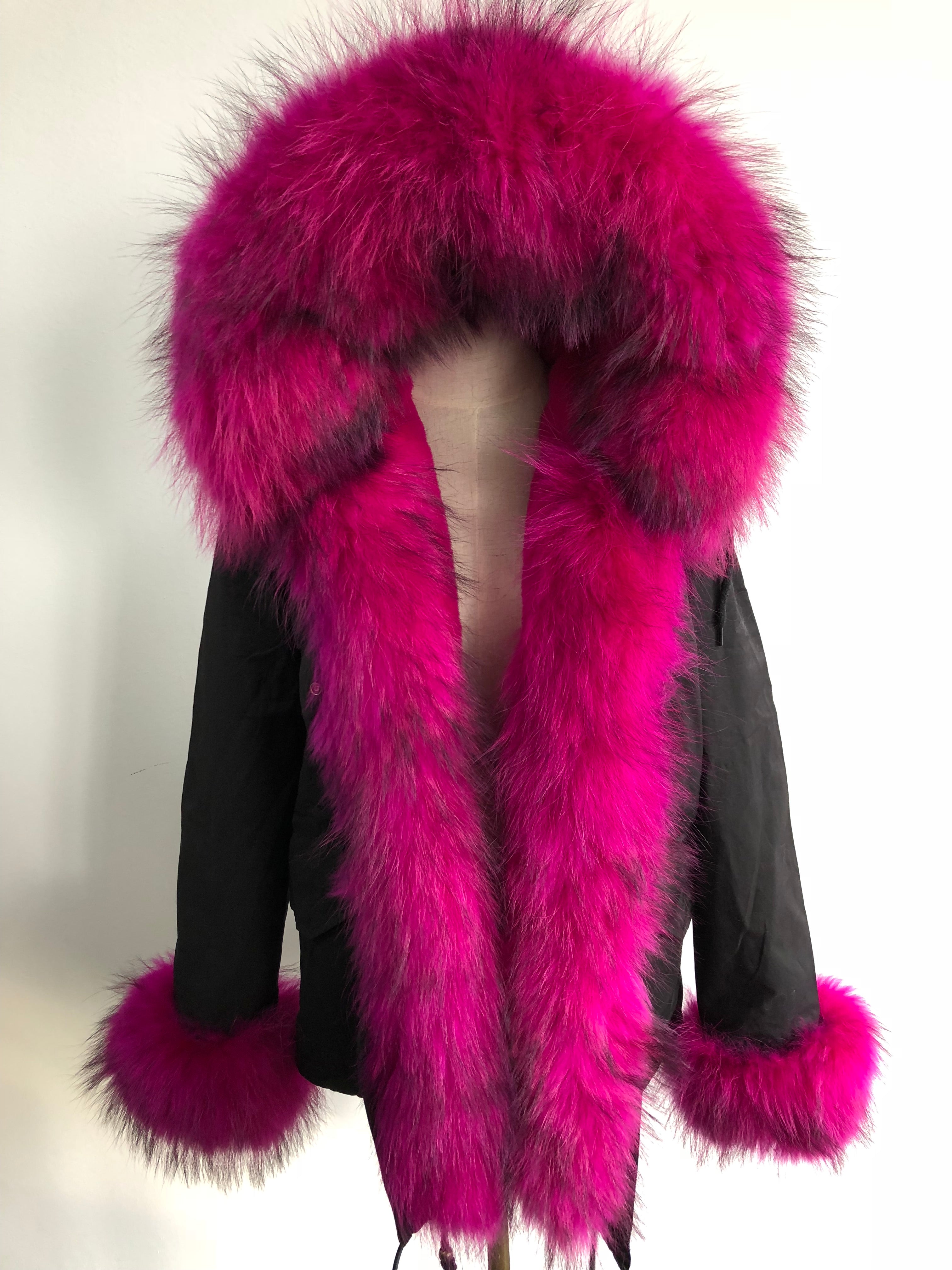 Short Parka with Pink Raccoon Fur Trim – Hooded Winter Coat for Women, Faux Fur Lining & Cuffs, Warm and Stylish Outerwear 6#Black
