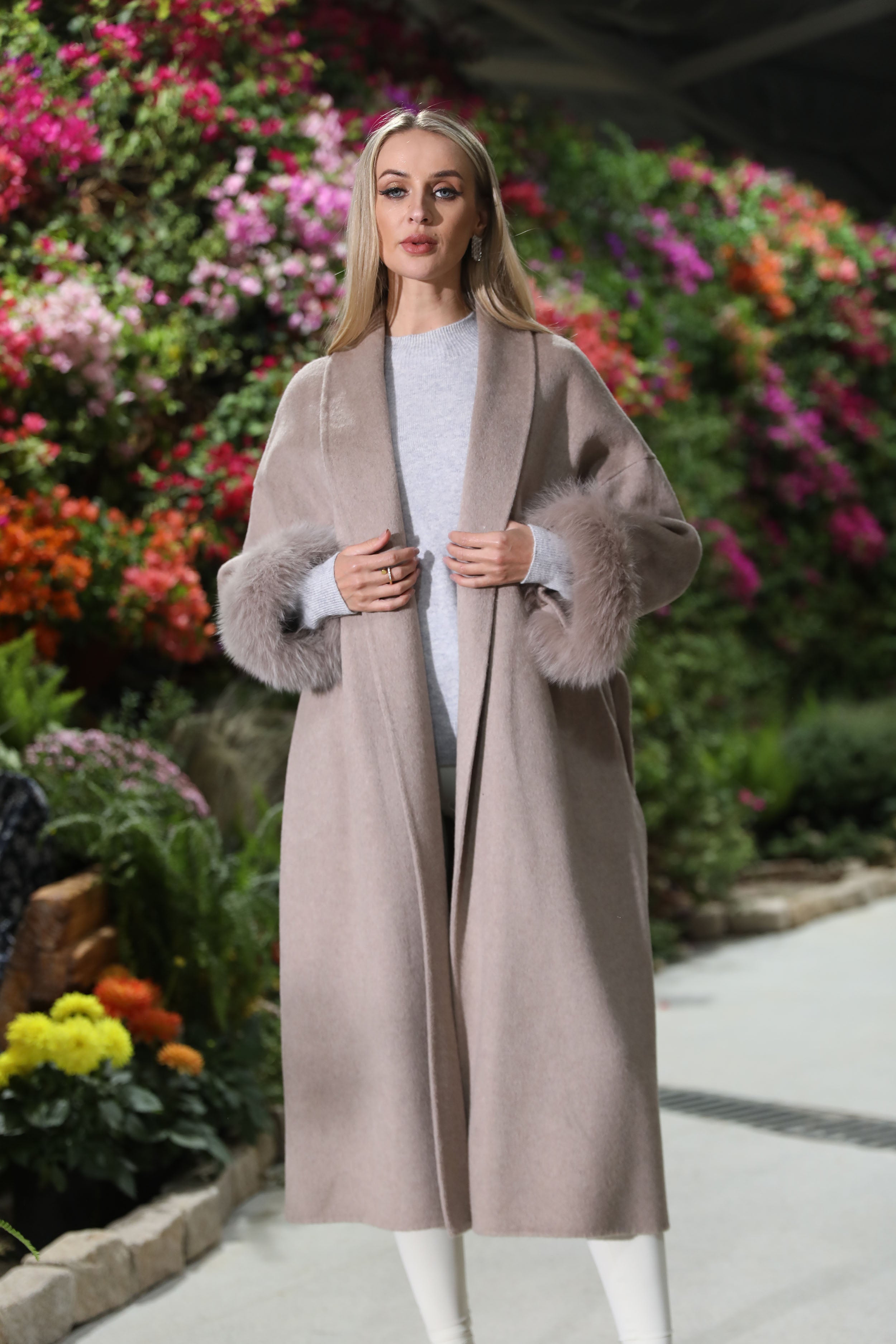 Women’s Beige Double-Faced Wool Wrap Coat with Fox Fur Cuffs – Drop Shoulder Belted Long Winter Jacket for Elegant Fashion