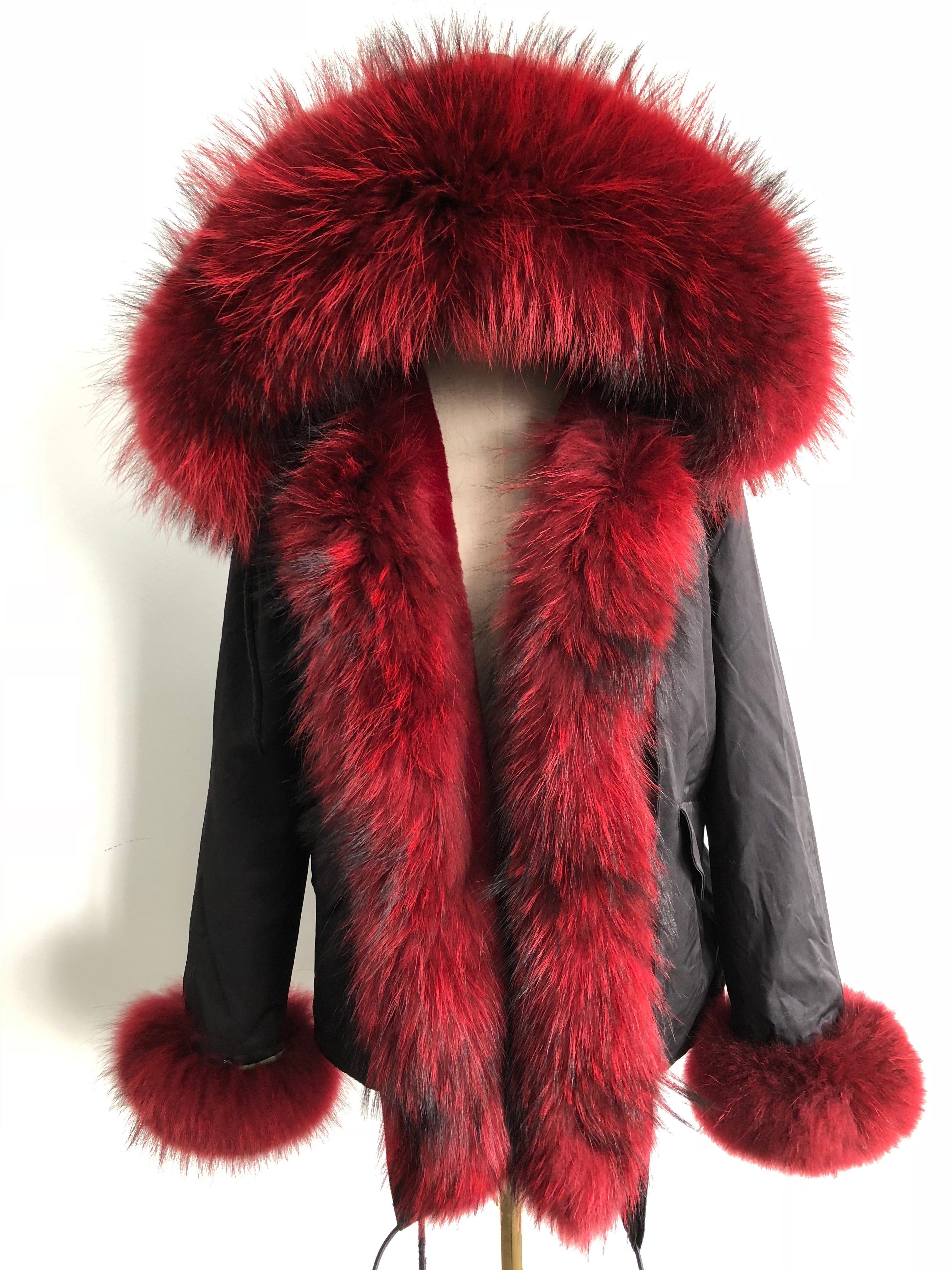 Short Parka with Pink Raccoon Fur Trim – Hooded Winter Coat for Women, Faux Fur Lining & Cuffs, Warm and Stylish Outerwear 1#Black