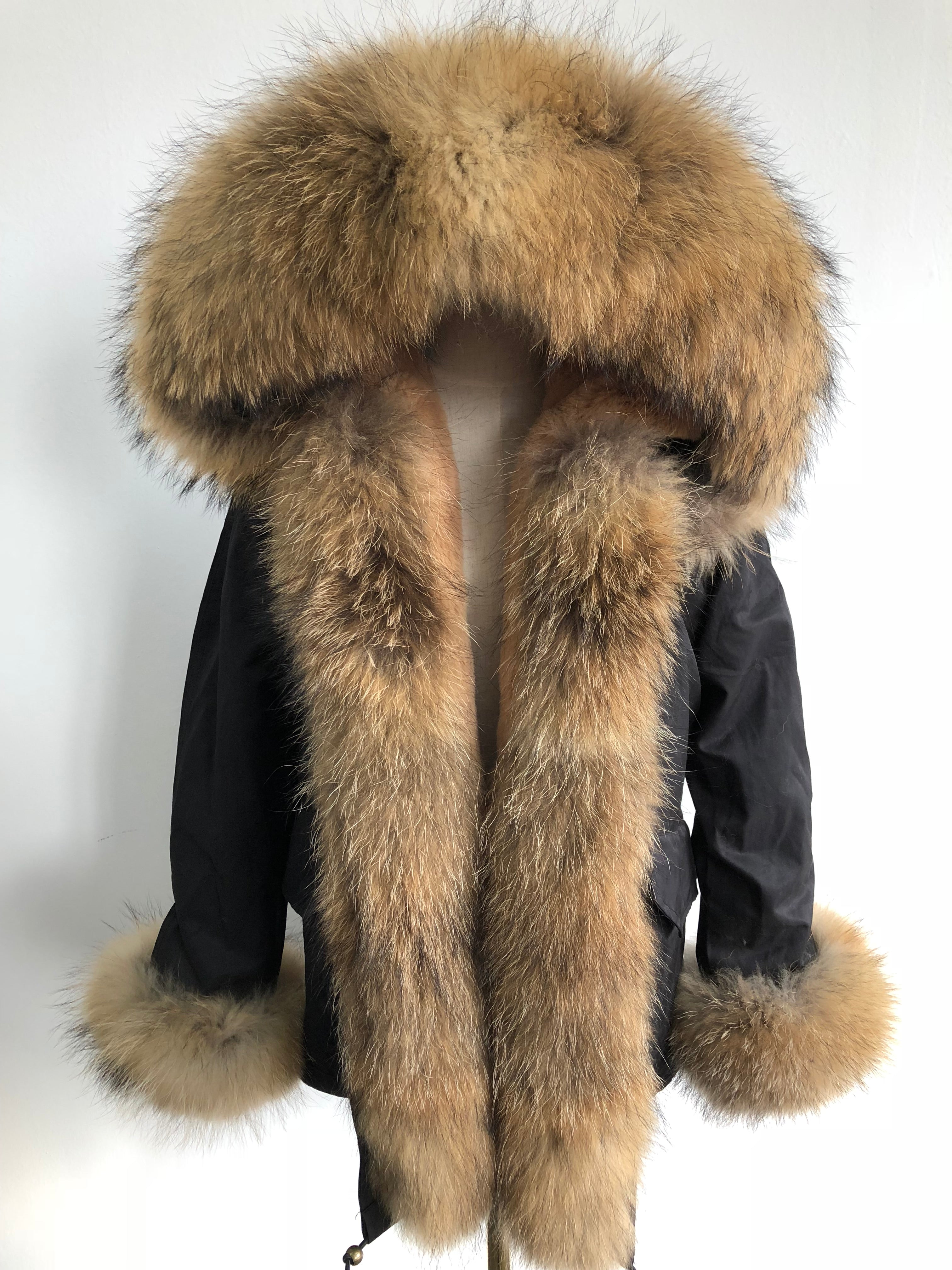Short Parka with Pink Raccoon Fur Trim – Hooded Winter Coat for Women, Faux Fur Lining & Cuffs, Warm and Stylish Outerwear 2#Black