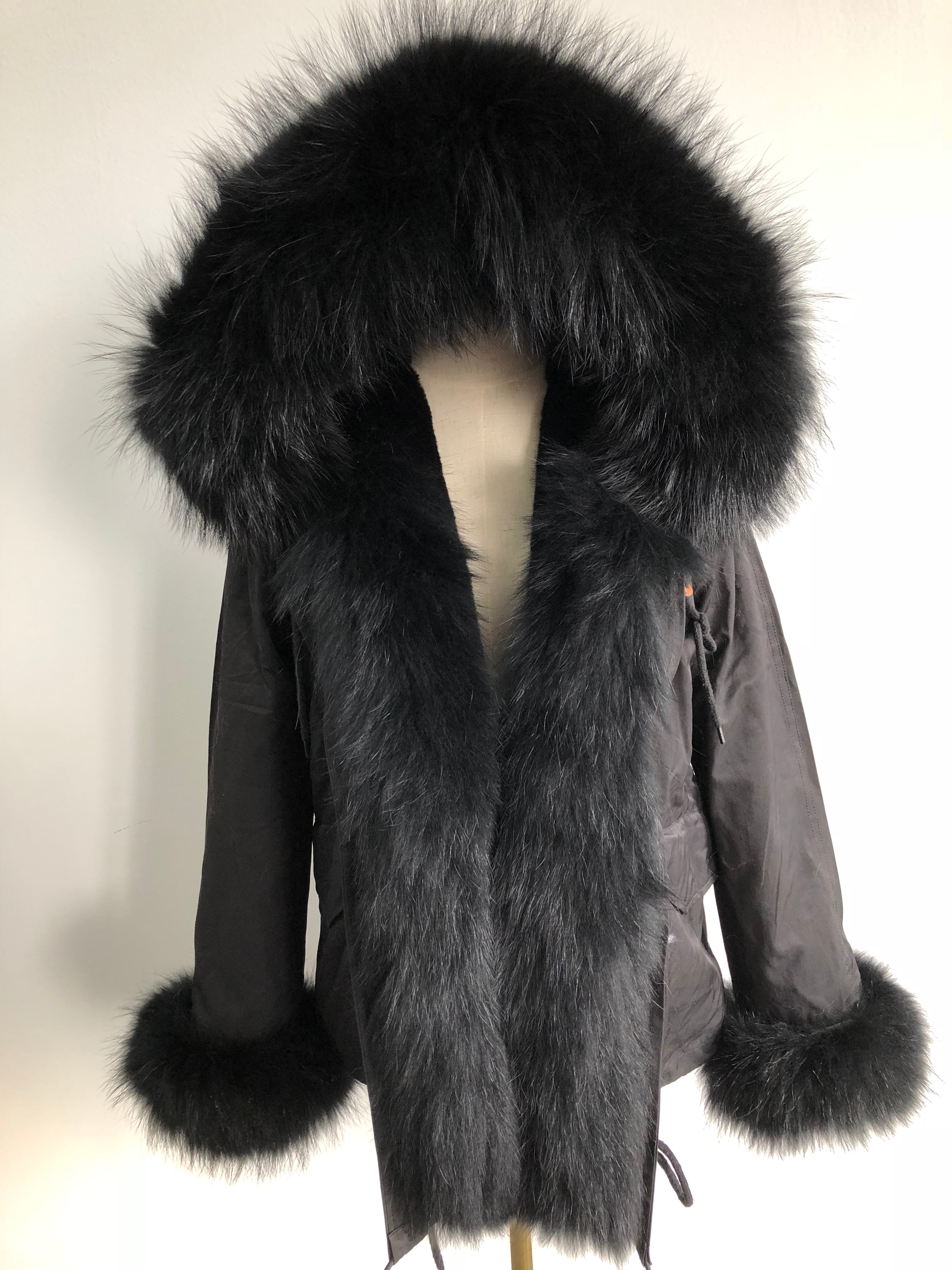 Short Parka with Pink Raccoon Fur Trim – Hooded Winter Coat for Women, Faux Fur Lining & Cuffs, Warm and Stylish Outerwear 8#Black