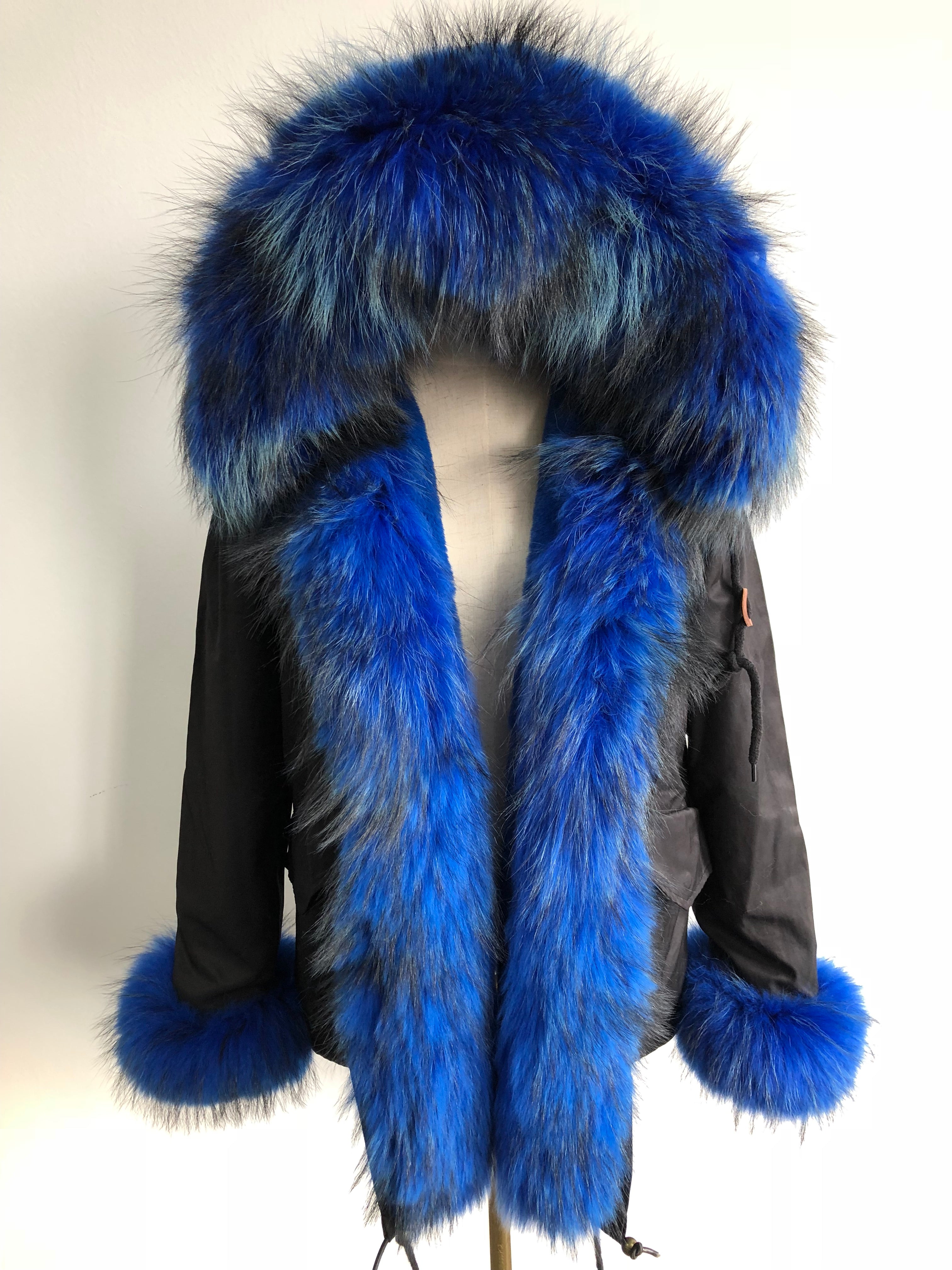 Short Parka with Pink Raccoon Fur Trim – Hooded Winter Coat for Women, Faux Fur Lining & Cuffs, Warm and Stylish Outerwear 5#Black