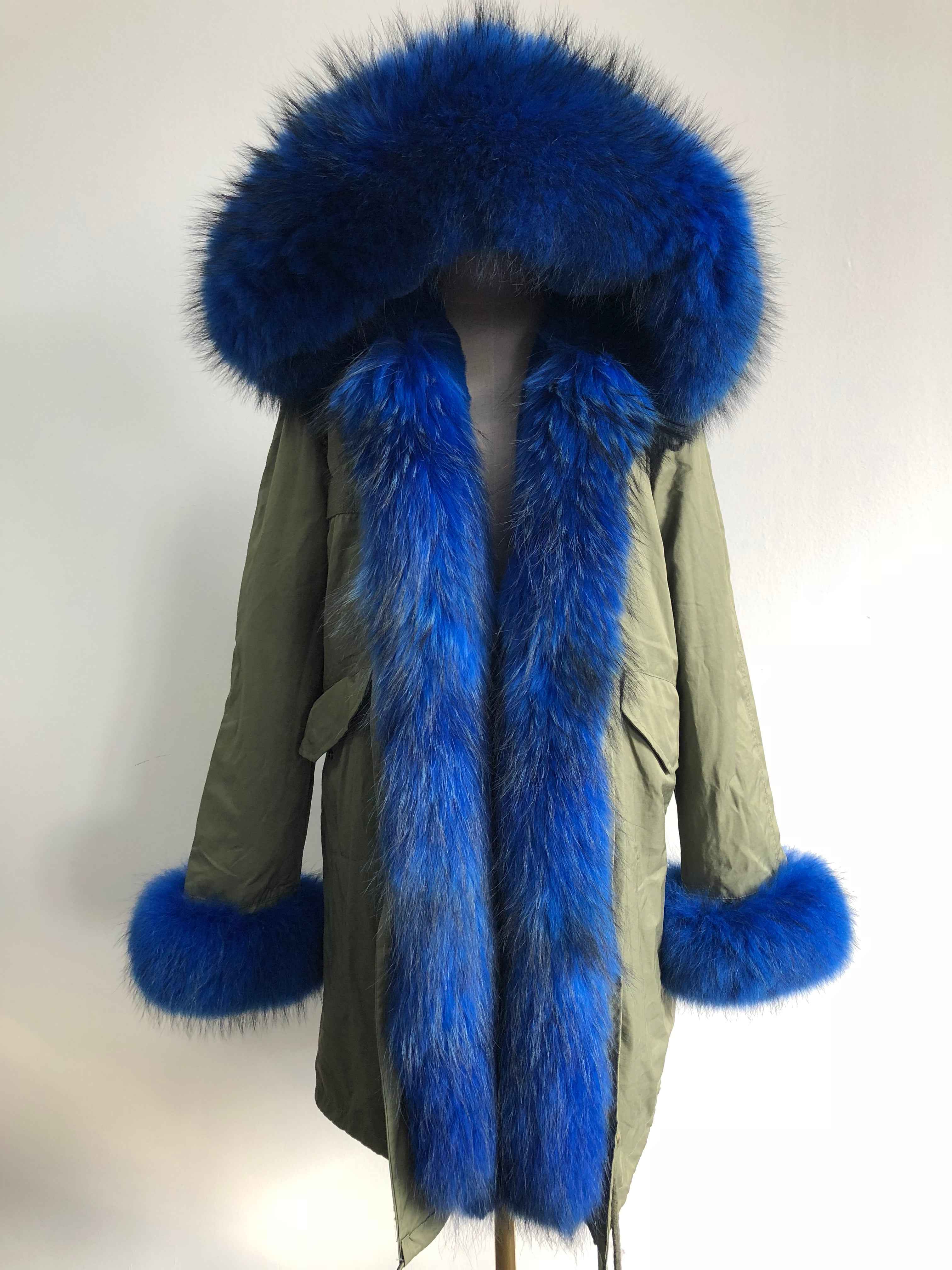 Long Camouflage Parka with Raccoon Fur Trim – Hooded Winter Coat for Women, Full-Length Raccoon Fur Collar & Cuffs, Warm and Luxurious Outerwear 5#Green