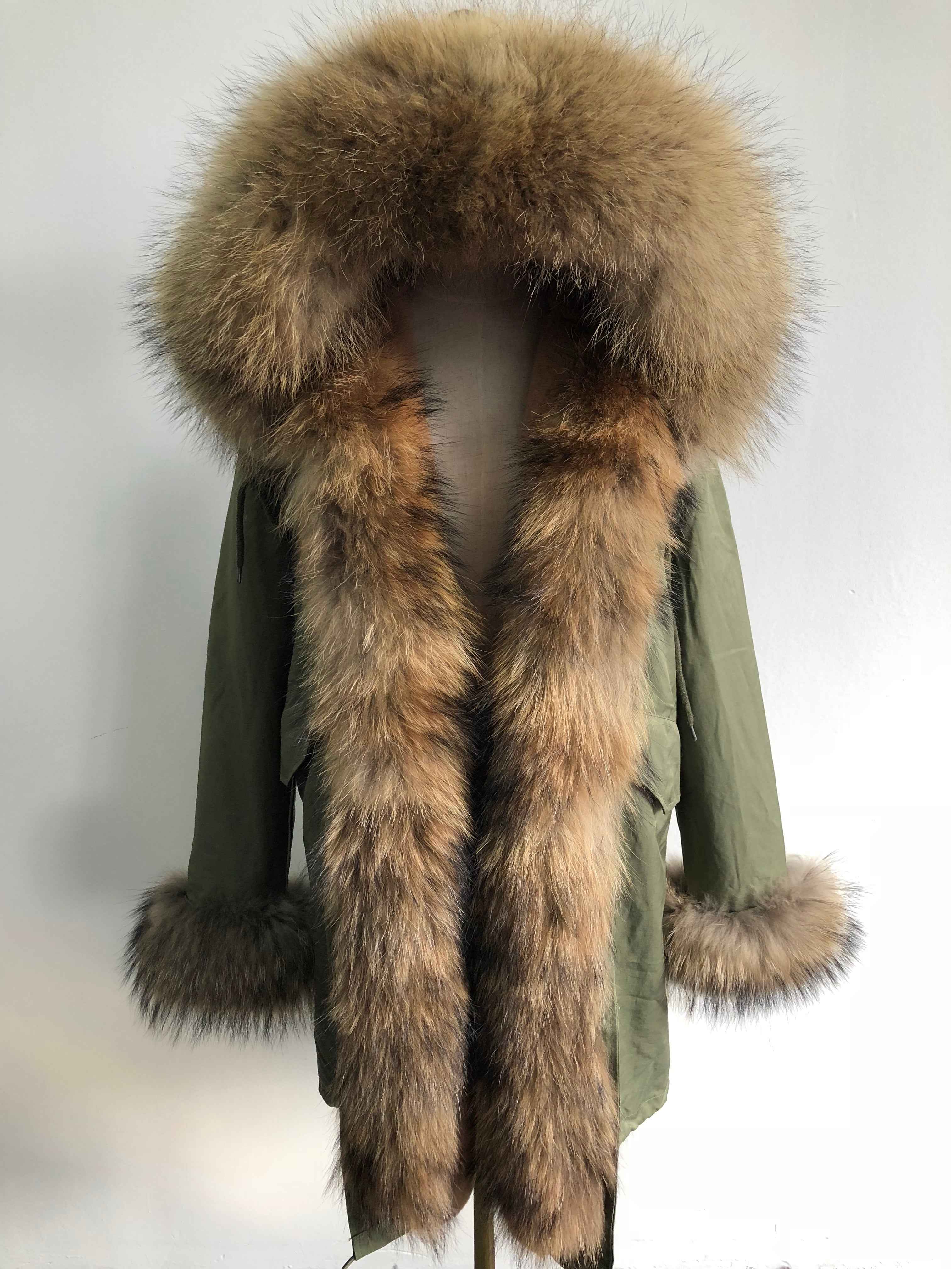 Long Camouflage Parka with Raccoon Fur Trim – Hooded Winter Coat for Women, Full-Length Raccoon Fur Collar & Cuffs, Warm and Luxurious Outerwear 2#Green