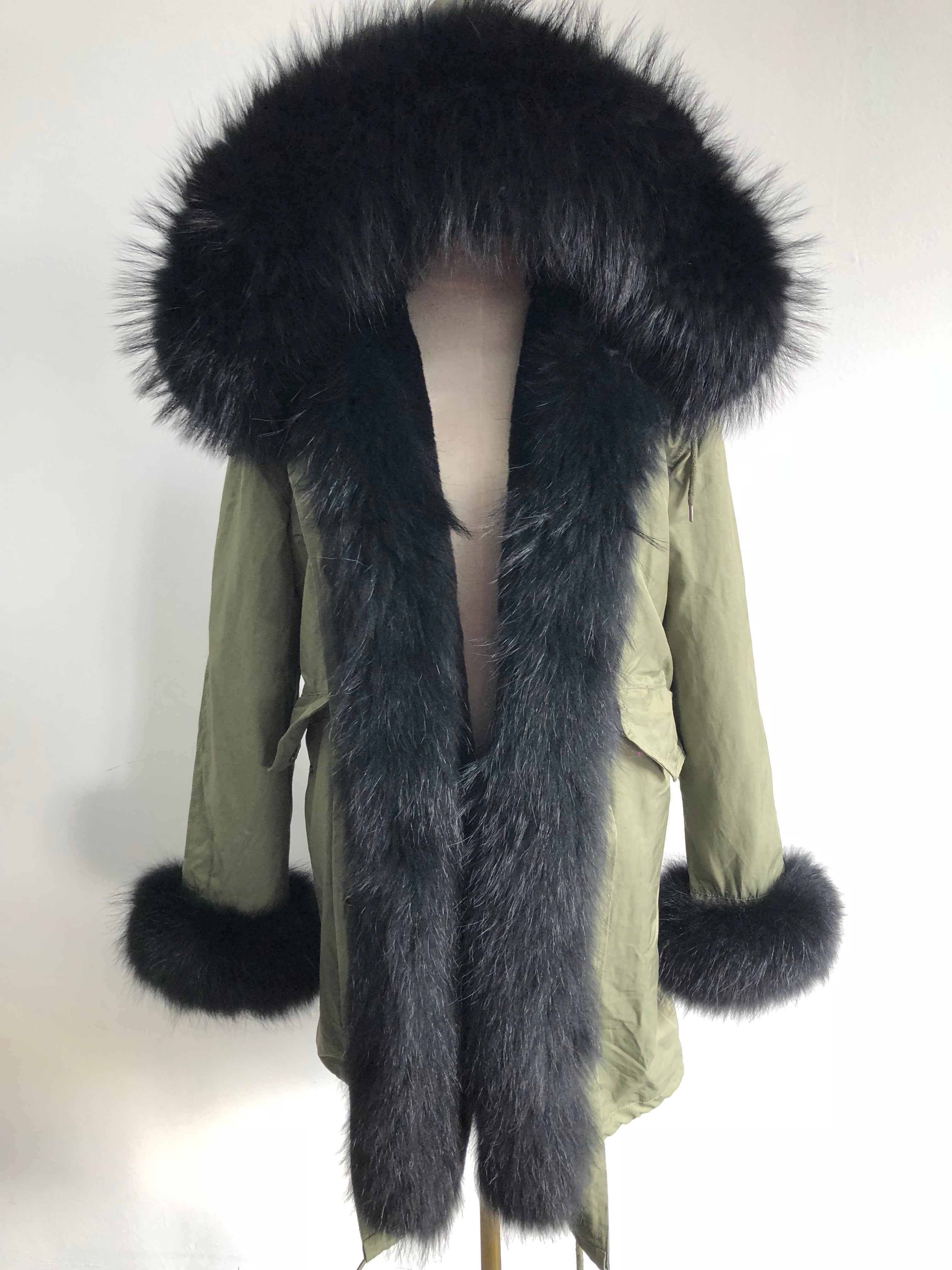 Long Camouflage Parka with Raccoon Fur Trim – Hooded Winter Coat for Women, Full-Length Raccoon Fur Collar & Cuffs, Warm and Luxurious Outerwear 8#Green