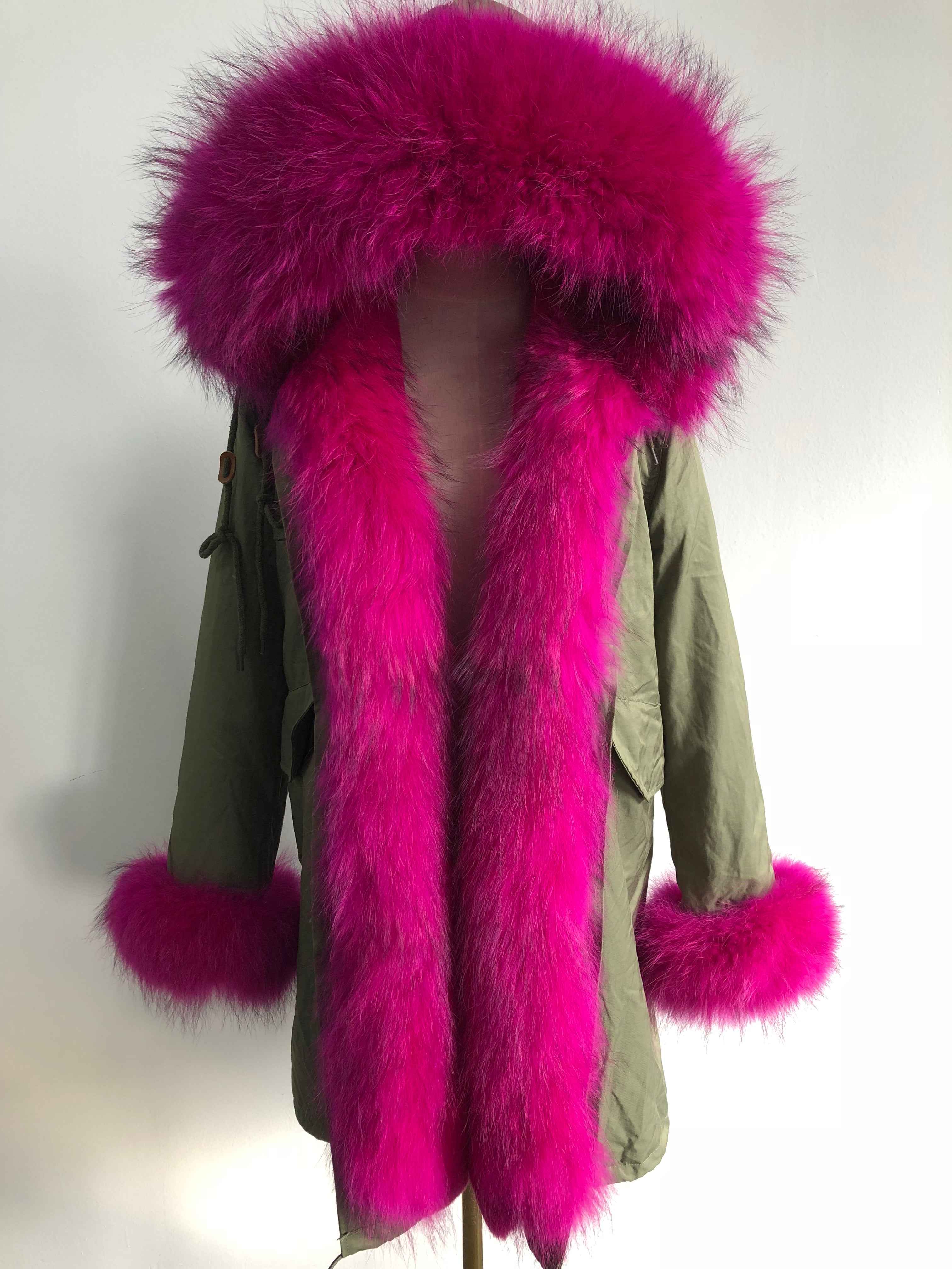 Long Camouflage Parka with Raccoon Fur Trim – Hooded Winter Coat for Women, Full-Length Raccoon Fur Collar & Cuffs, Warm and Luxurious Outerwear 6#Green