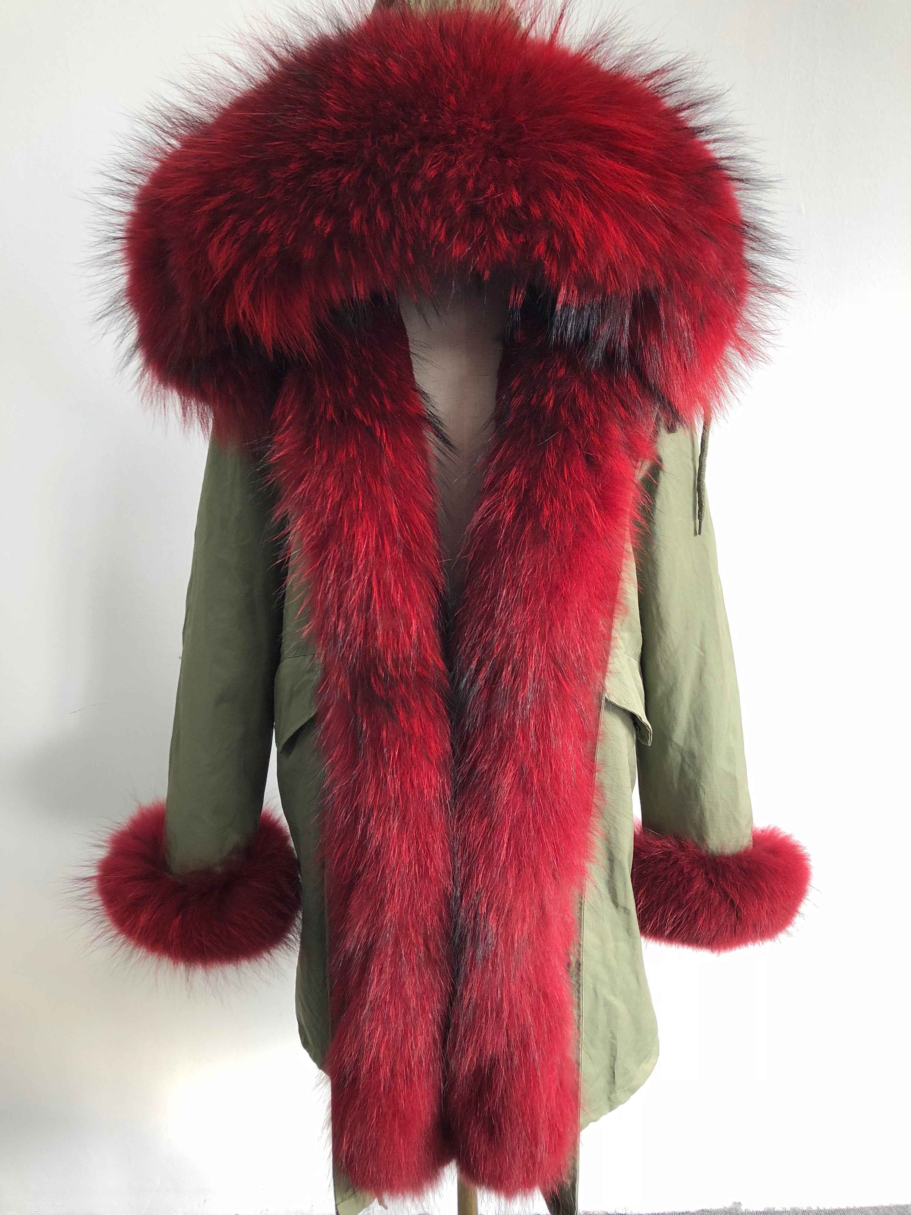 Long Camouflage Parka with Raccoon Fur Trim – Hooded Winter Coat for Women, Full-Length Raccoon Fur Collar & Cuffs, Warm and Luxurious Outerwear 1#Green