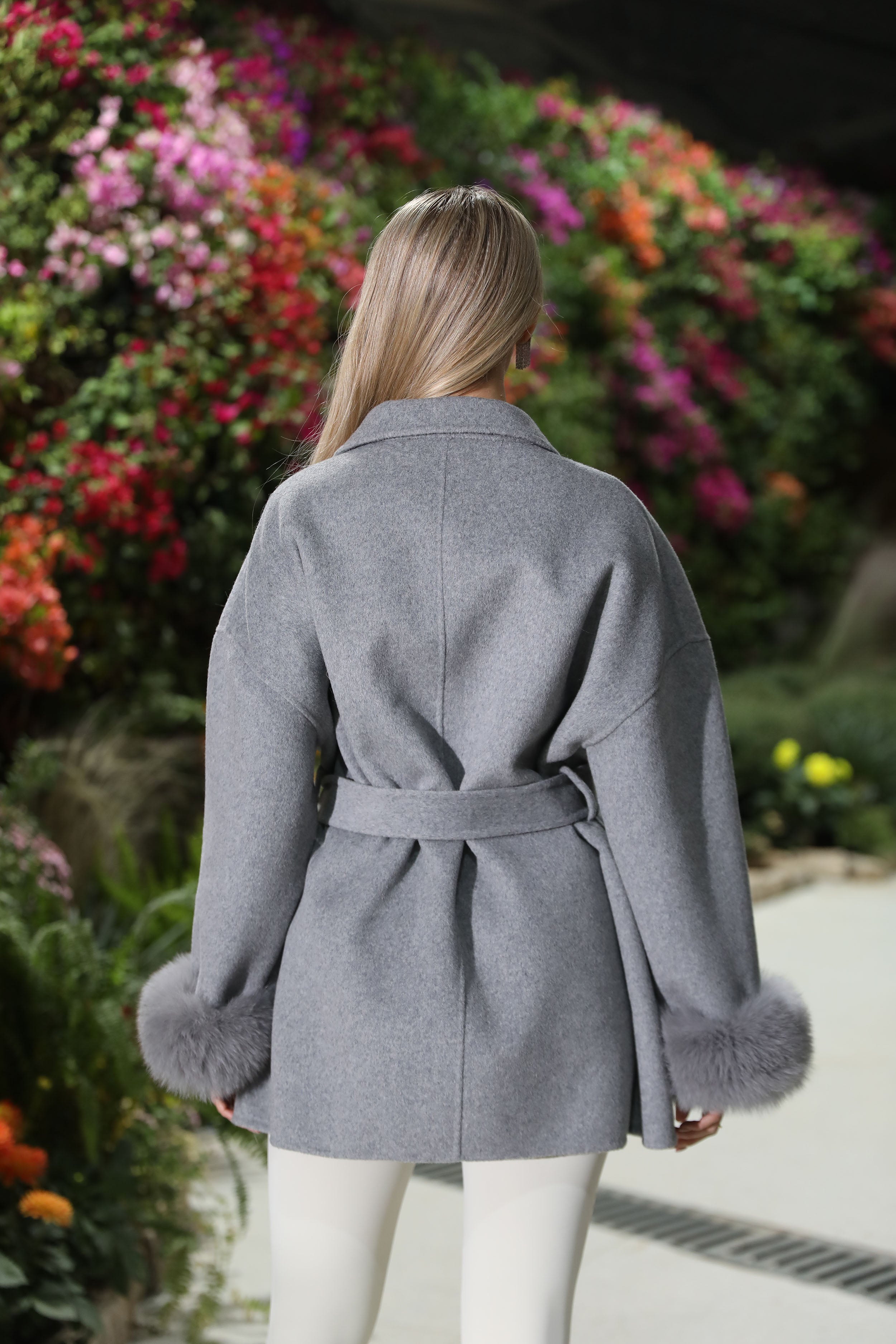 Women’s Pink Gradient Real Fox Fur Collar Wool Coat – Bow Belted Short Winter Jacket for Elegant Fashion