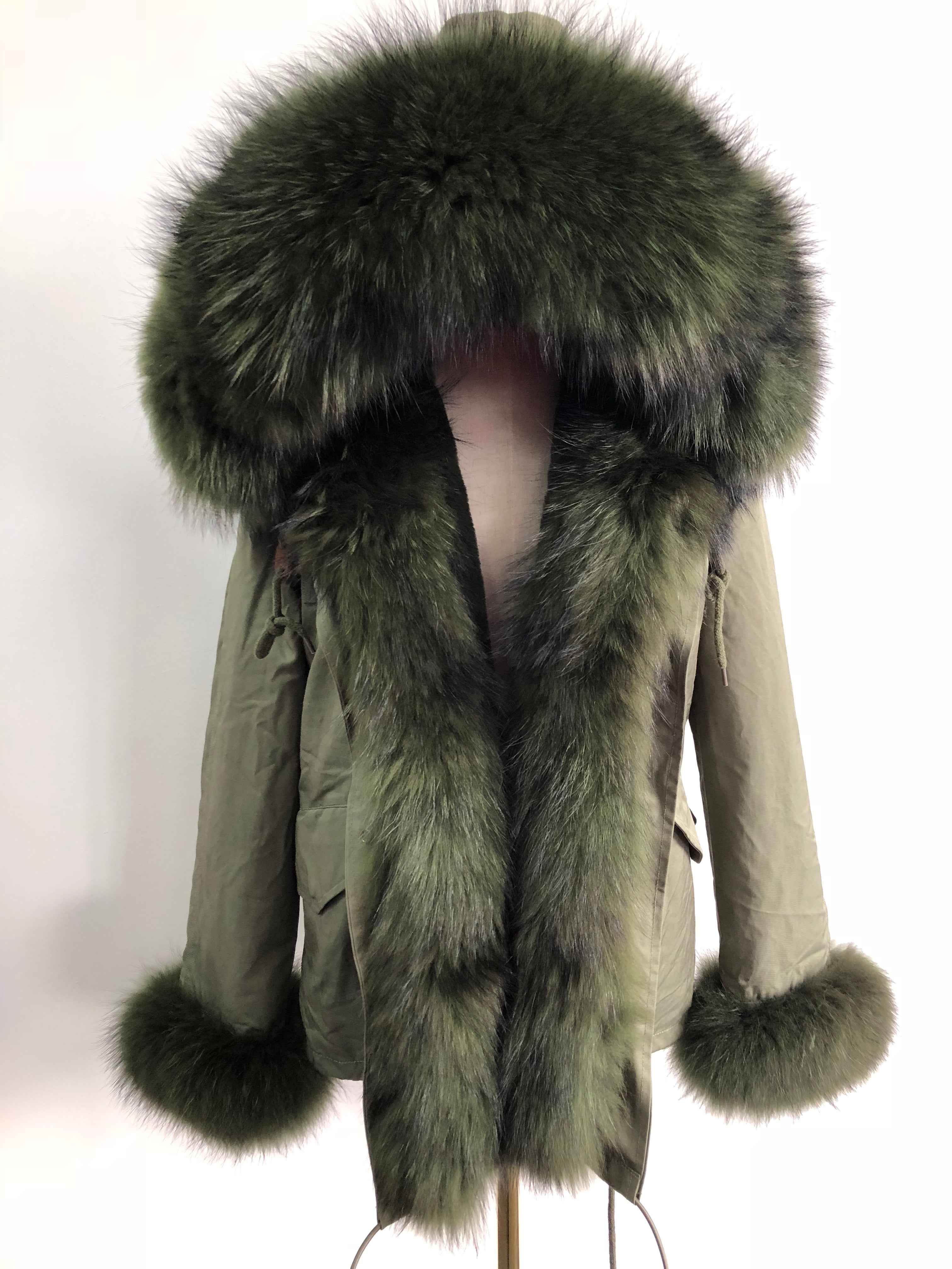 Short Parka with Pink Raccoon Fur Trim – Hooded Winter Coat for Women, Faux Fur Lining & Cuffs, Warm and Stylish Outerwear 4#Green