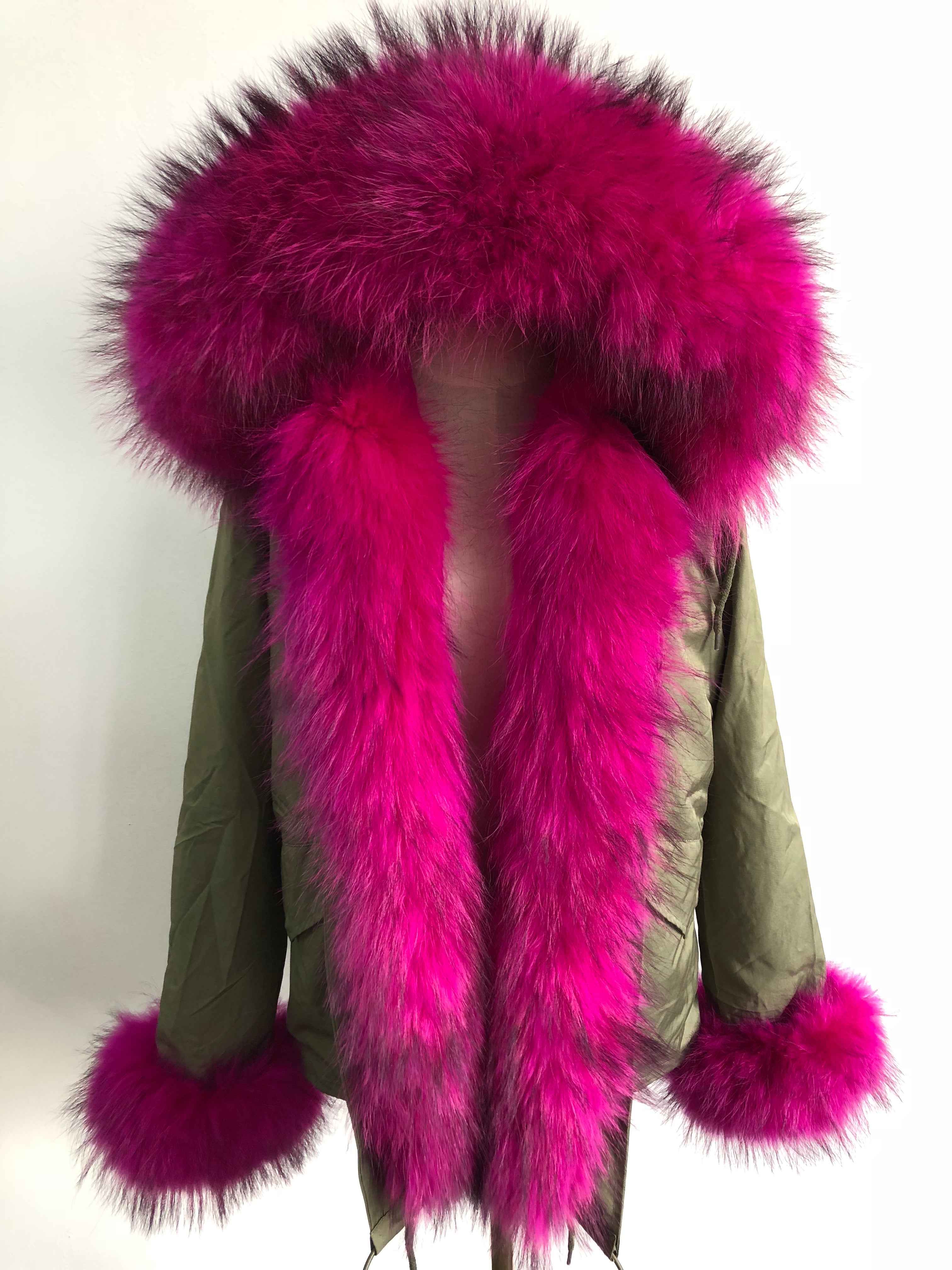 Short Parka with Pink Raccoon Fur Trim – Hooded Winter Coat for Women, Faux Fur Lining & Cuffs, Warm and Stylish Outerwear 6#Green