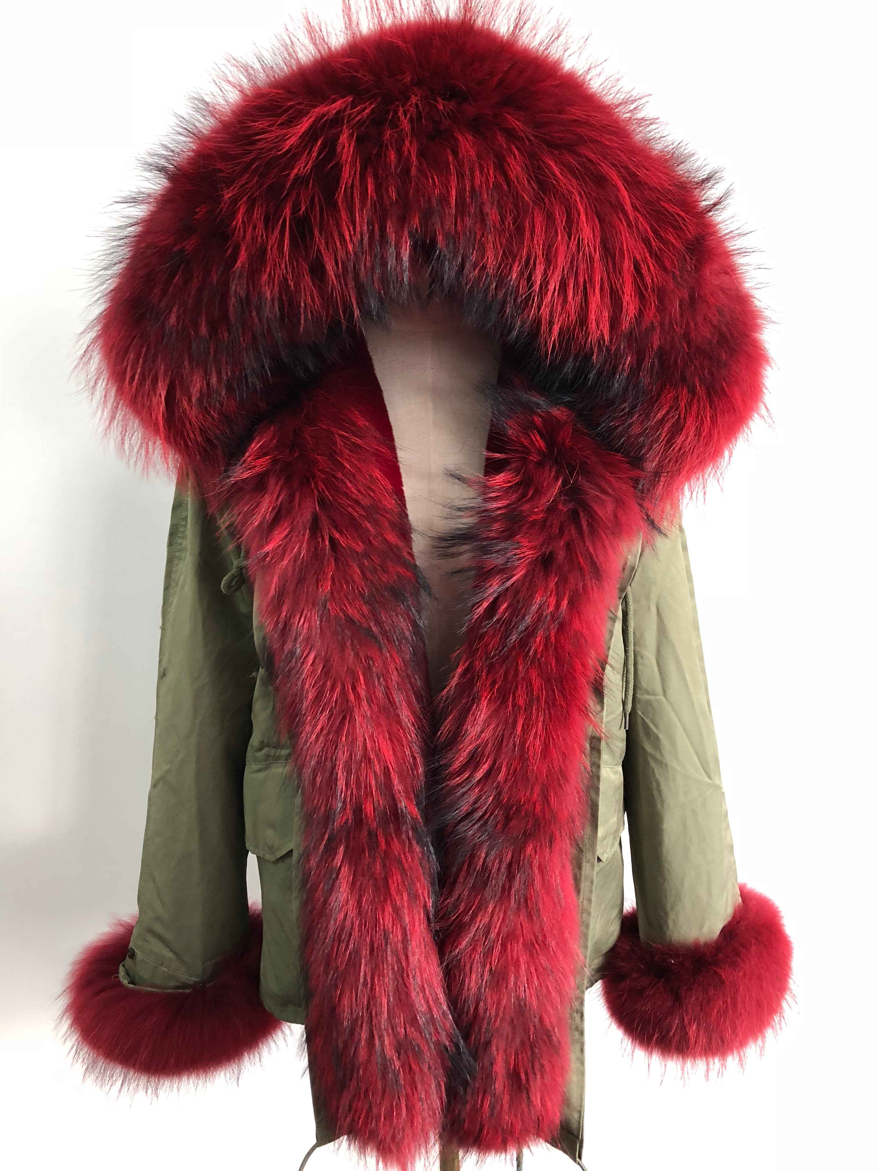 Short Parka with Pink Raccoon Fur Trim – Hooded Winter Coat for Women, Faux Fur Lining & Cuffs, Warm and Stylish Outerwear 1#Green